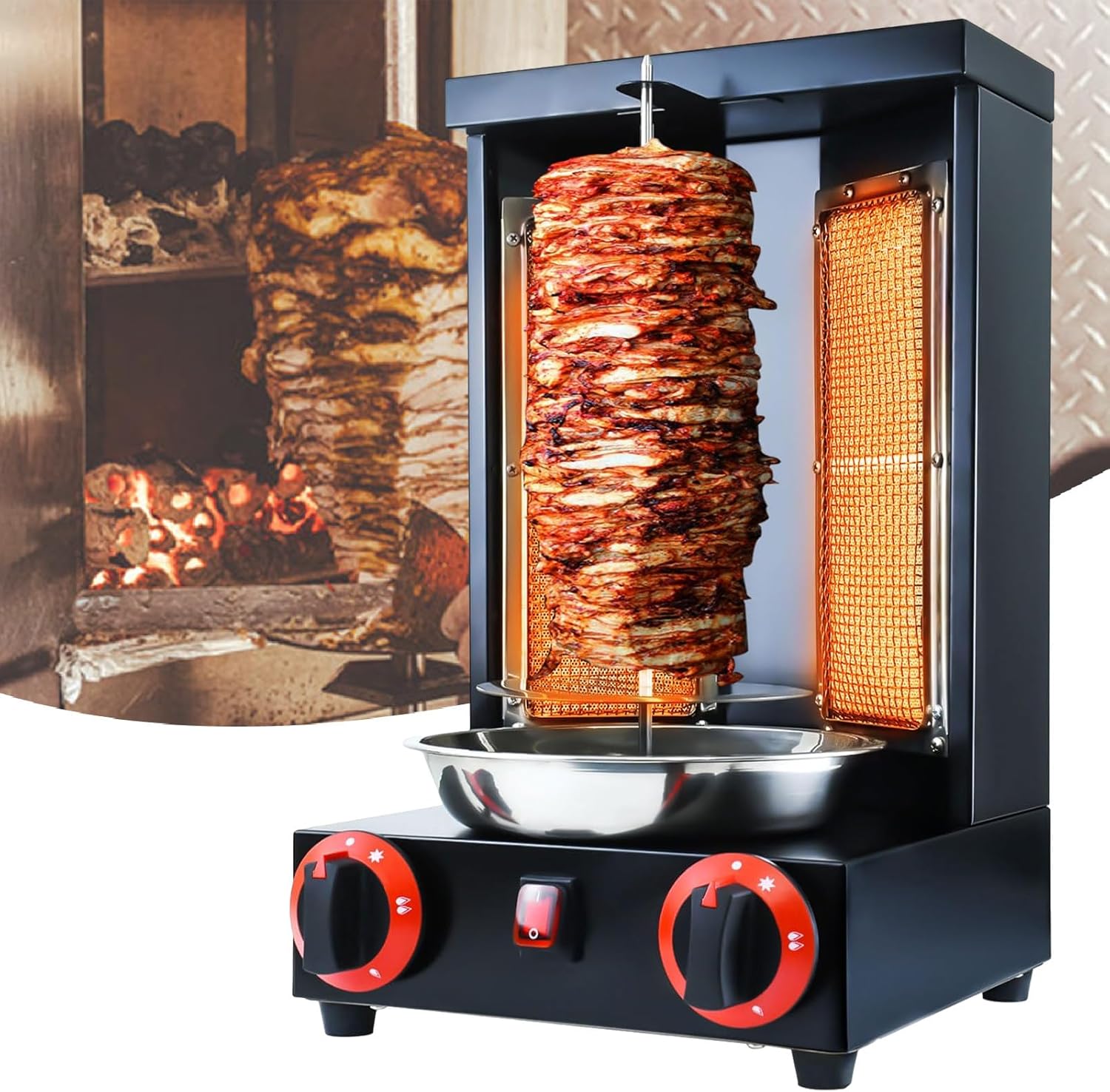 BBQ Rotisserie Oven Smokeless, Shawarma Machine Doner Kebab Grill, Gyro Rotisserie Propane Gas Vertical Broiler with Stainless Steel Body,Black-220V