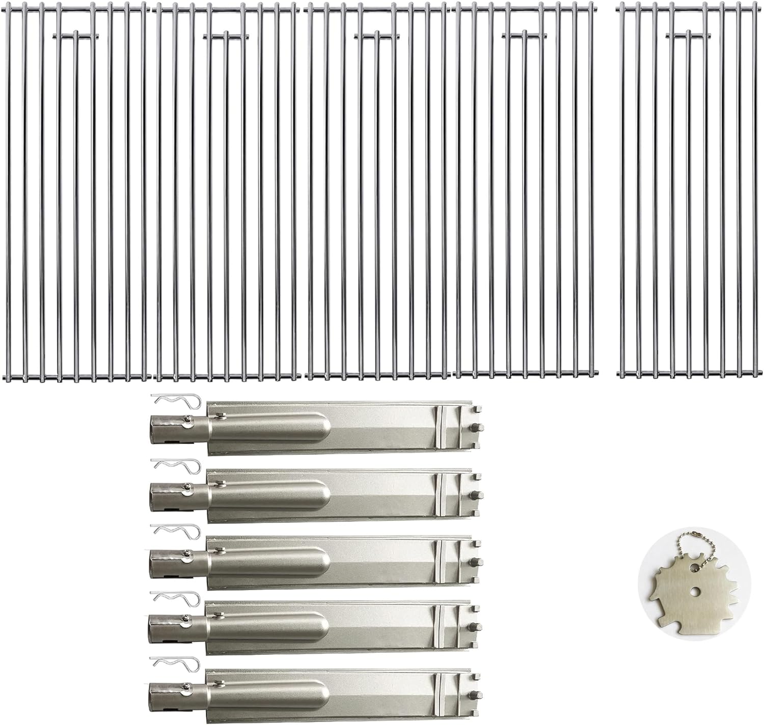 5PC Grates + 5 PC Cast Stainless Steel 304 BBQ Grill Burners Bull BBQ Replacement Parts Set for Bull 5 Burner Grills