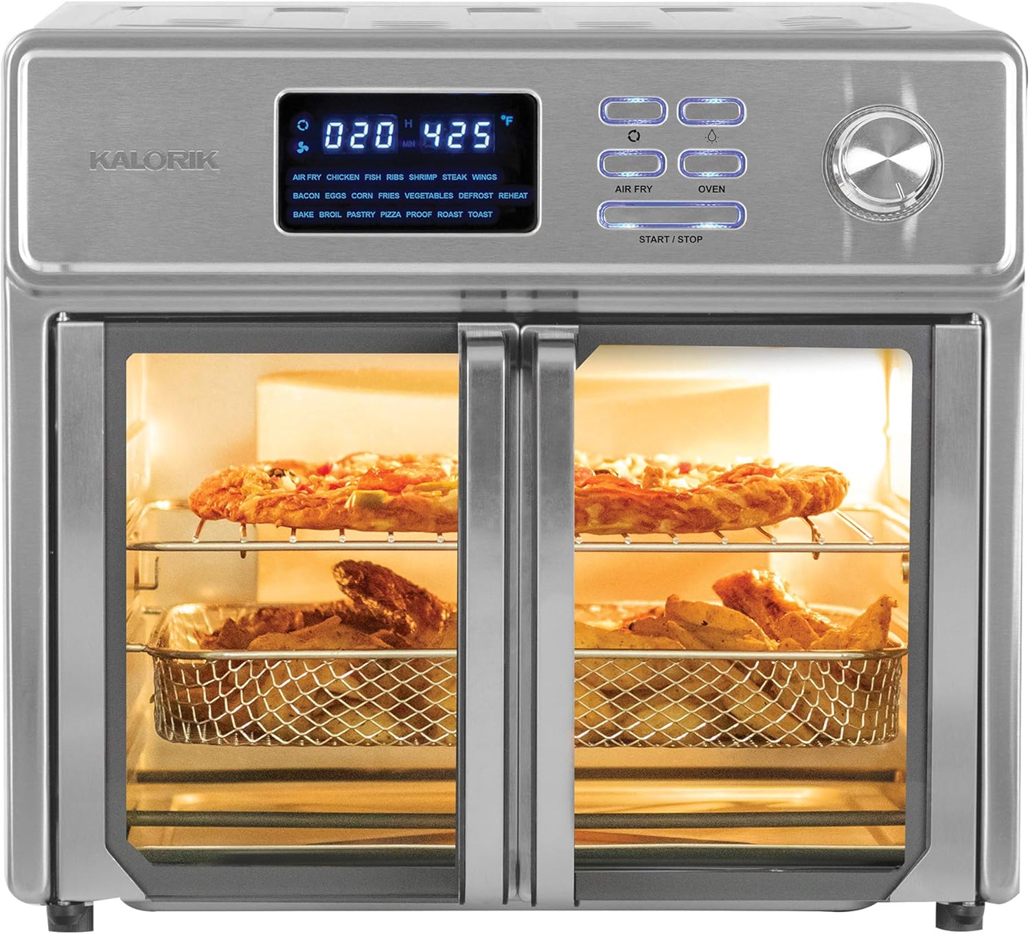 Kalorik 26 QT Digital Maxx Air Fryer Oven with 7 Accessories, Roaster, Broiler, Rotisserie, Dehydrator, Oven, Toaster, Pizza Oven and Slow Cooker. Includes Cookbook. Sears up to 500⁰F. Extra Large Capacity, All in One Appliance. Stainless Steel. AFO