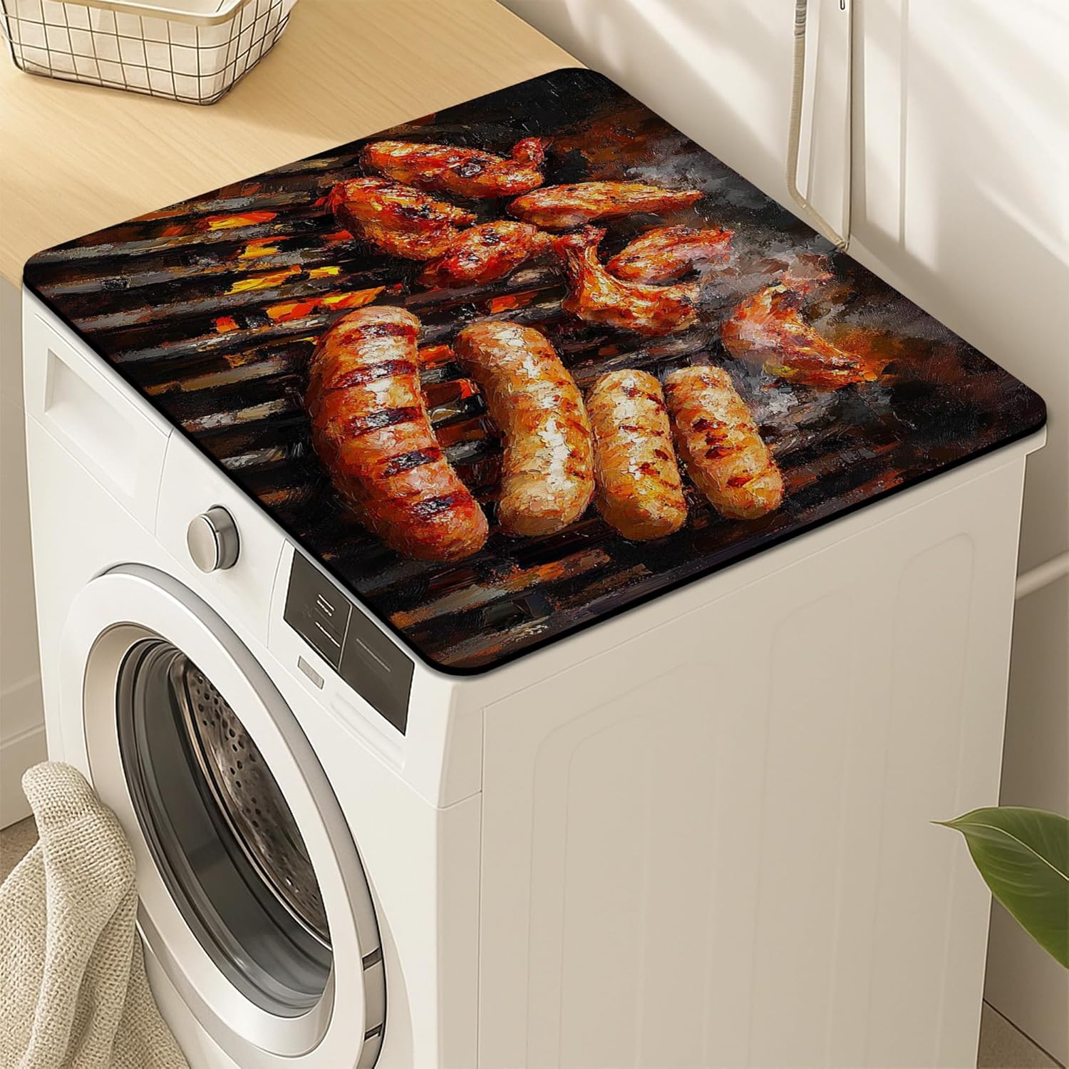 Barbecue Washer Dryer Top Protector Mat, Rustic Grill Pattern Laundry Machine Dust Cover, Summer Cooking Rubber Anti-slip Waterproof Washer And Dryer Mats for Laundry Room 24x24 Inch