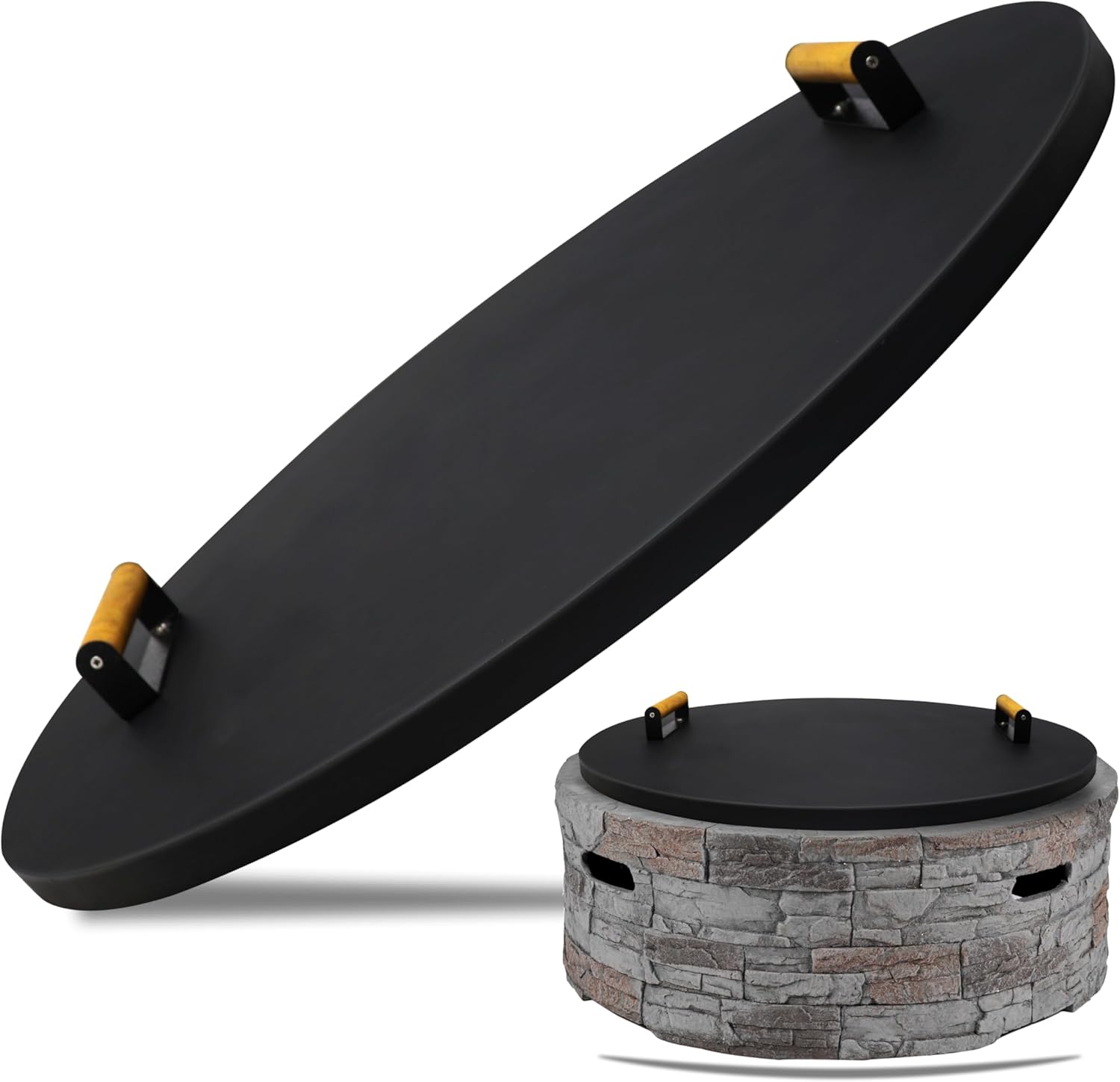 31” Round Fire Pit Lid – Heat Resistant Fire Pit Cover Lid Round for Outdoor Fireplace -16 Gauge Steel Flat Fire Pit Burner Pan Cover with Dual Wooden Handles Snuffer Lid for Patio FirePit Ring