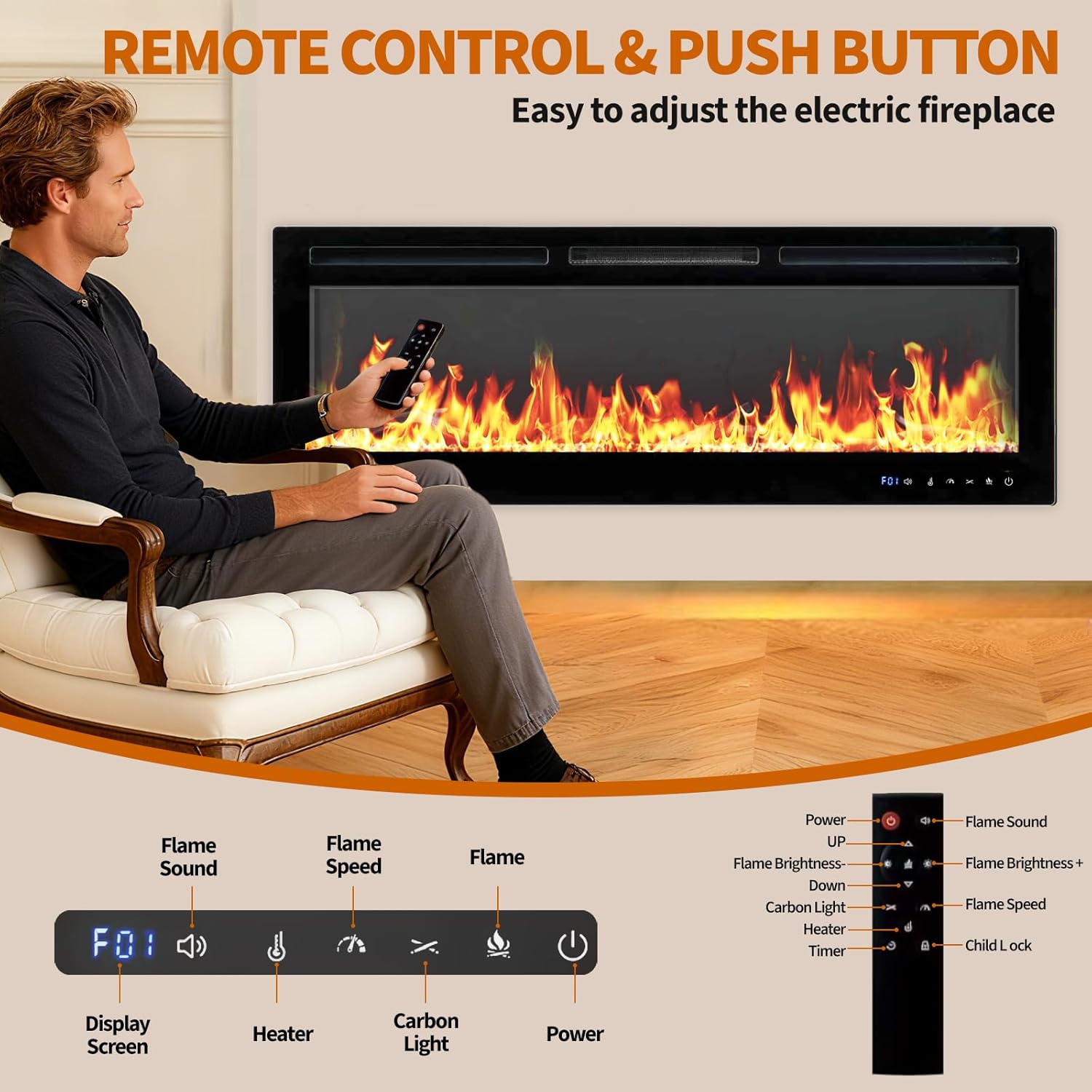 50 Inch Smart Electric Fireplace, Wall Mounted & Recessed Electric Fireplaces, WiFi & Alexa Control, Remote, Adjustable Flames, 1500W Heater w/Thermostat, Realistic Fireplace (50 Inches)