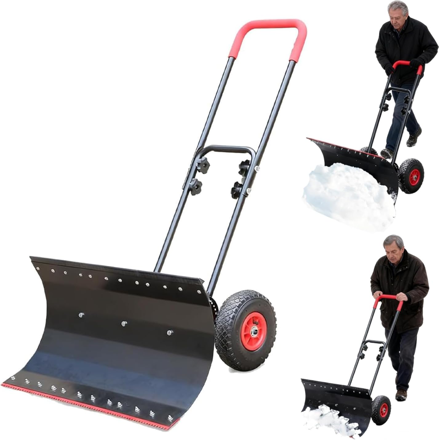 Snow Shovel with Wheels, 29''/34'' Snow Push Shovel for Snow Removal & Ice, Dual-Sided Blade, Adjustable Angle & Height Handle (W 34'')
