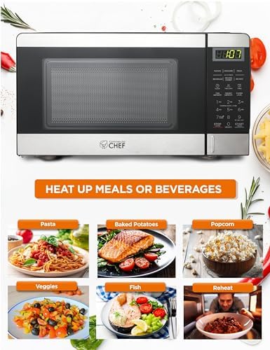COMMERCIAL CHEF 0.7 Cubic Foot Microwave with 10 Power Levels, Small Microwave with Push Button, 700W Countertop up to 99 Minute Timer and Digital Display, Stainless Steel
