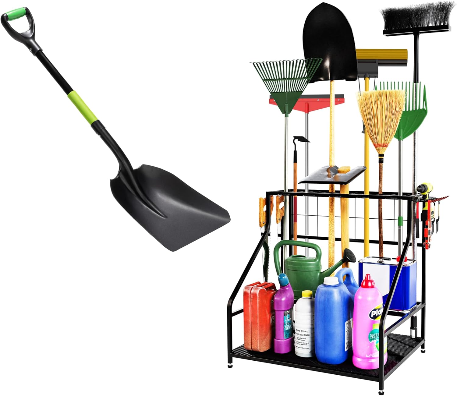 IDZO Snow Shovel for Snow Removal, Ideal Height 44.5 Inches Snow Scoop Shovel with Strong Aluminum Wide Blade + Garden Tool Organizer, 65 Lbs Capacity with 4 Removable Hooks, Adjustable Heigh Levelers