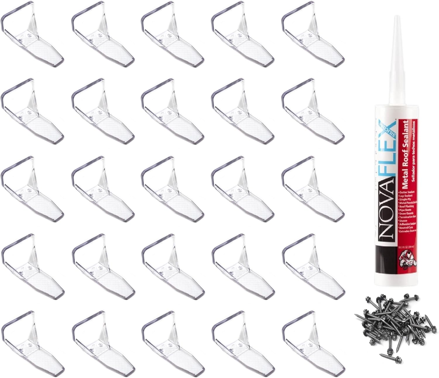 JSP Manufacturing Clear Plastic Alpine 25 Piece Mini Snow Guards with Mounting Hardware for Adhesive or Mechanically Fasten on Metal Roofs (Snow Guards with Wood Screws & Sealant)