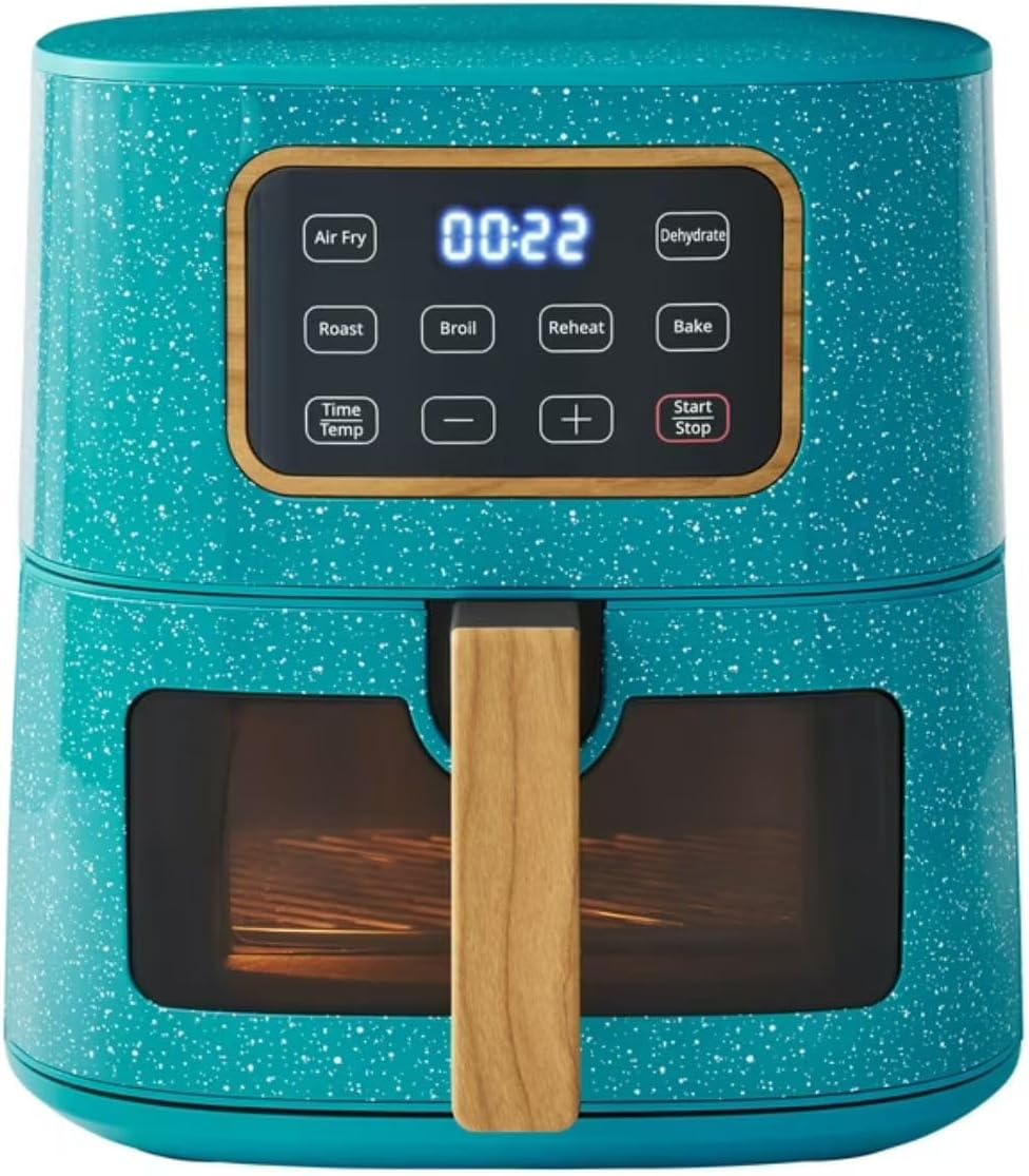 Pioneer Woman 5.8 Qt Digital Air Fryer – Teal Speckle Finish, Touchscreen with Window, Nonstick Basket, 1500W, 6 Smart Cooking Functions, Energy Efficient