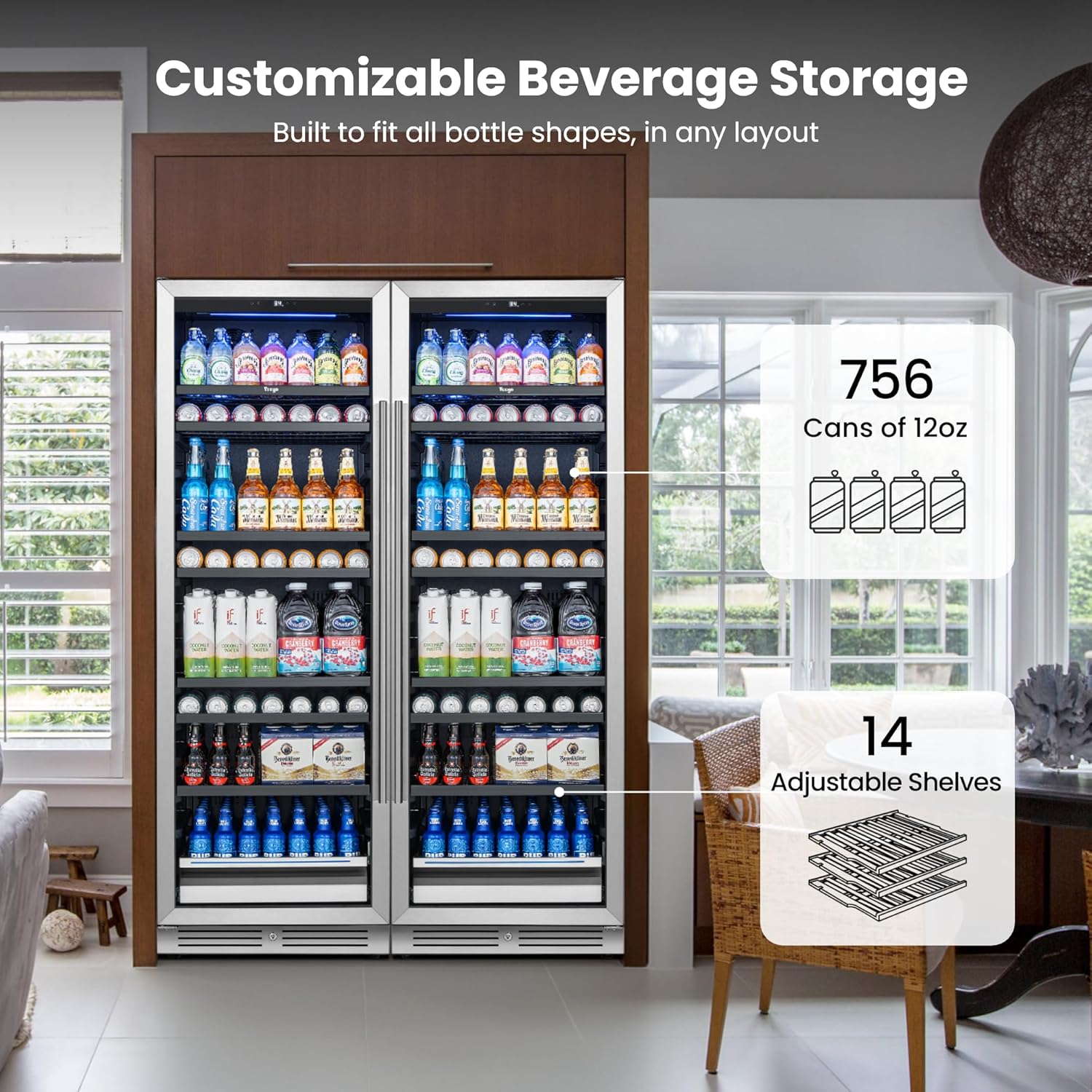 Yeego Beverage Refrigerator 48 inch -2PCS Capacity Beverage Cooler, Upgraded Beverage Refrigerator Freestanding or Built-In, Drink Cooler for Soda, Water, Beer or Wine - For Kitchen, Bar or Office