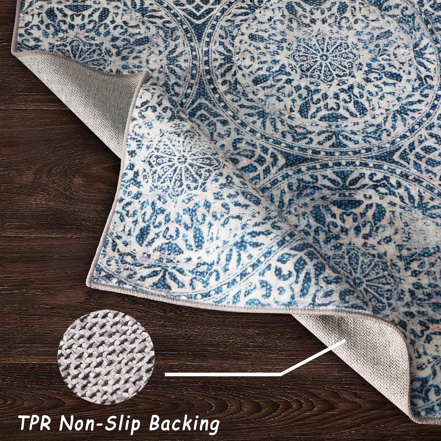 vivorug Runner Rug 2'x8' Machine Washable Non-Slip Runners for Hallways Kitchen Entryway Laundry Room Vintage Medallion Carpet Hallway Runner Blue