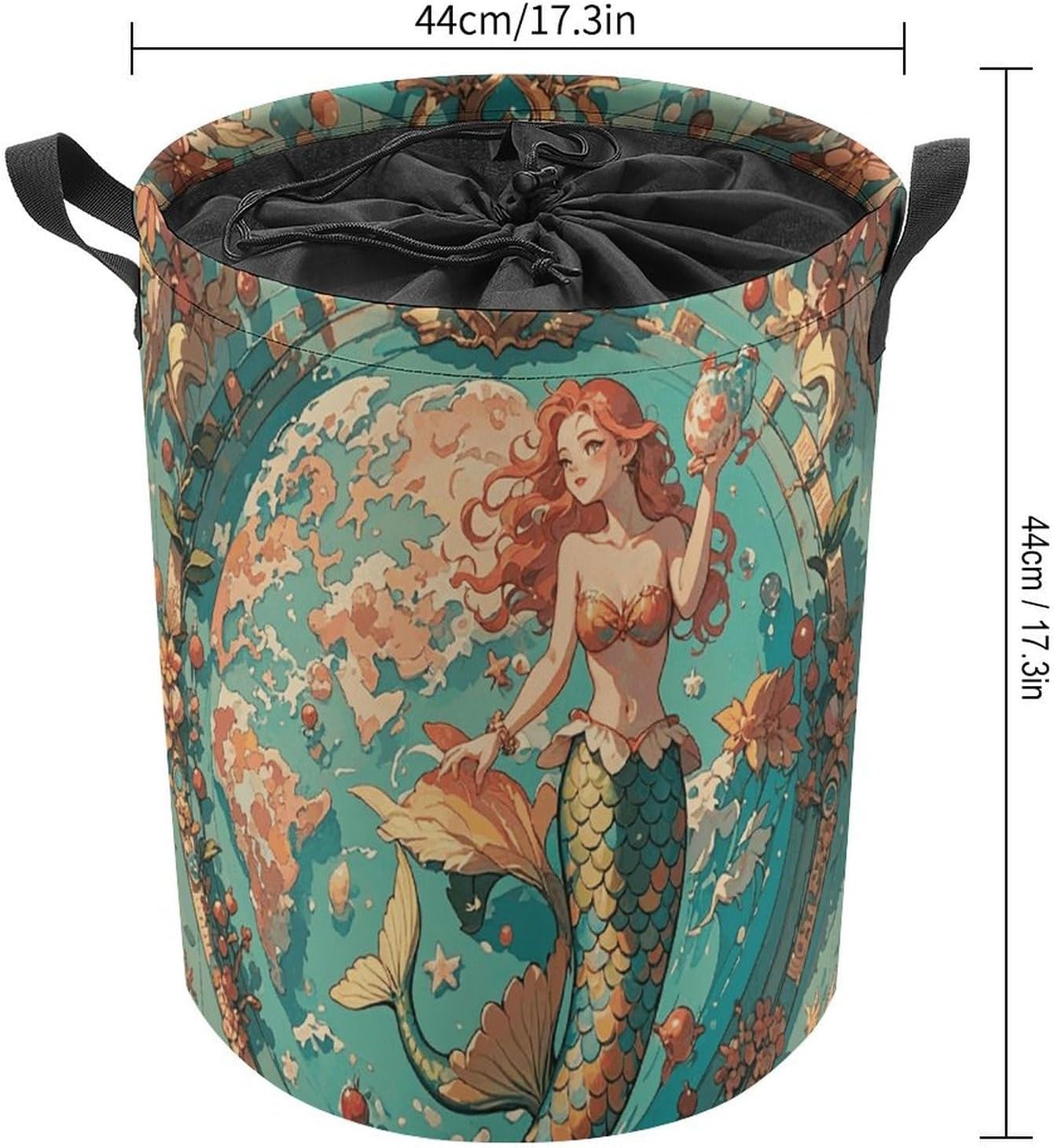 Vintage Outer Banks Map with Mermaids Laundry Bag Round Laundry Basket Collapsible Hamper with Handles Drawstring Closure Waterproof Storage Basket Dirty Clothes Organizer for Bedroom Bathroom Dorm 17