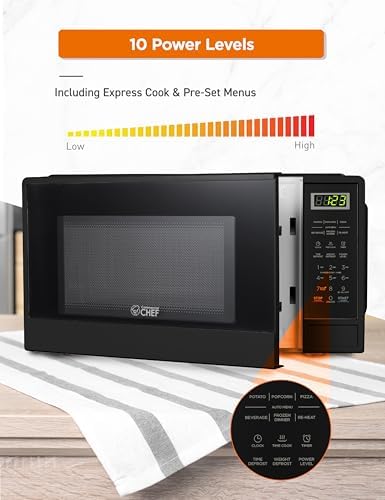 COMMERCIAL CHEF 1.1 Cu Ft Microwave with 10 Power Levels, Small Microwave with Push Button, 1000W Countertop Microwave with Kitchen Timer, Door Lock, & Digital Controls, Black
