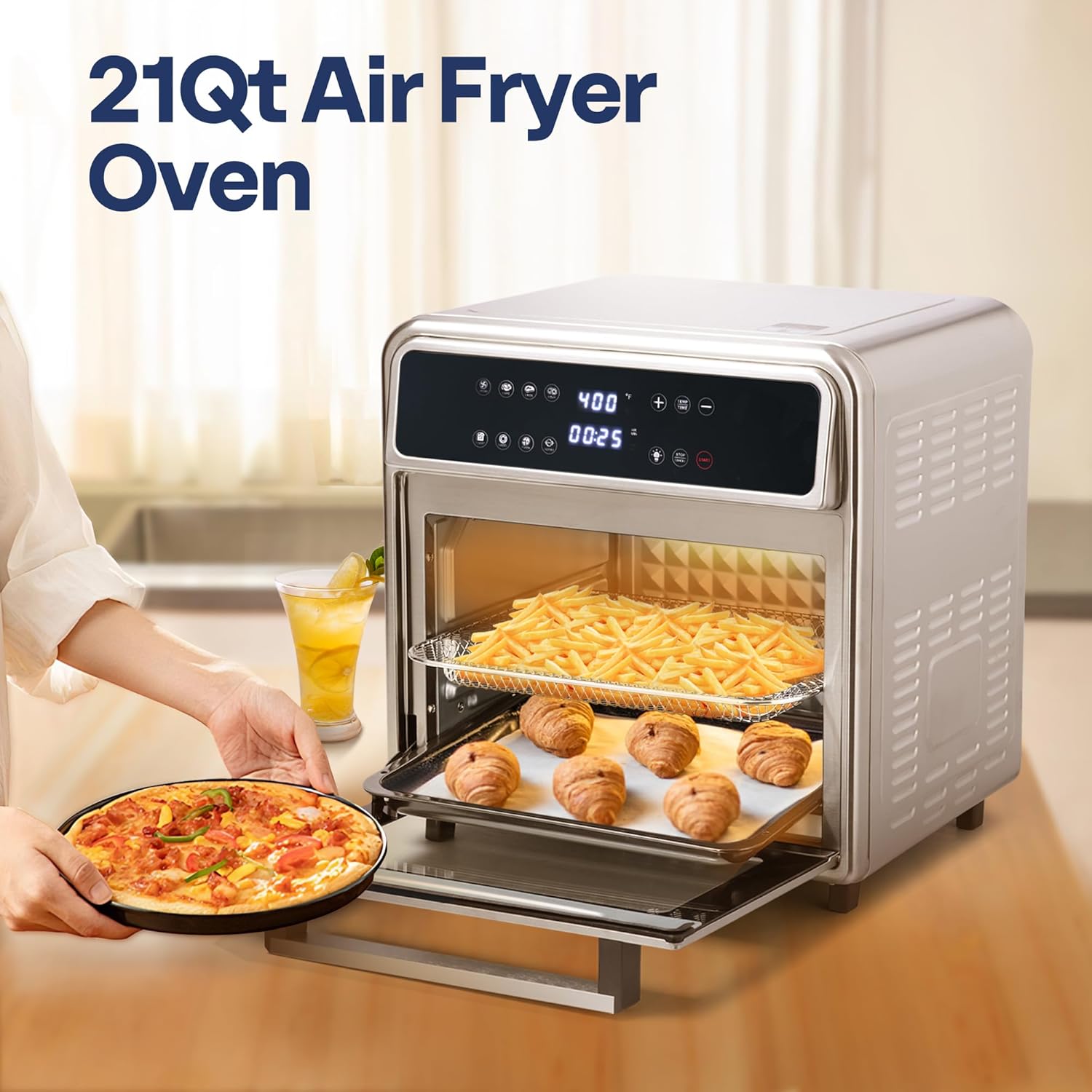 VIVOHOME 21 Qt Air Fryer Toaster Oven Combo, 8-in-1 Convection Oven Countertop with Rotisserie and Dehydrator, Stainless Steel Digital Air Fryer Oven with 7 Accessories, 1800W