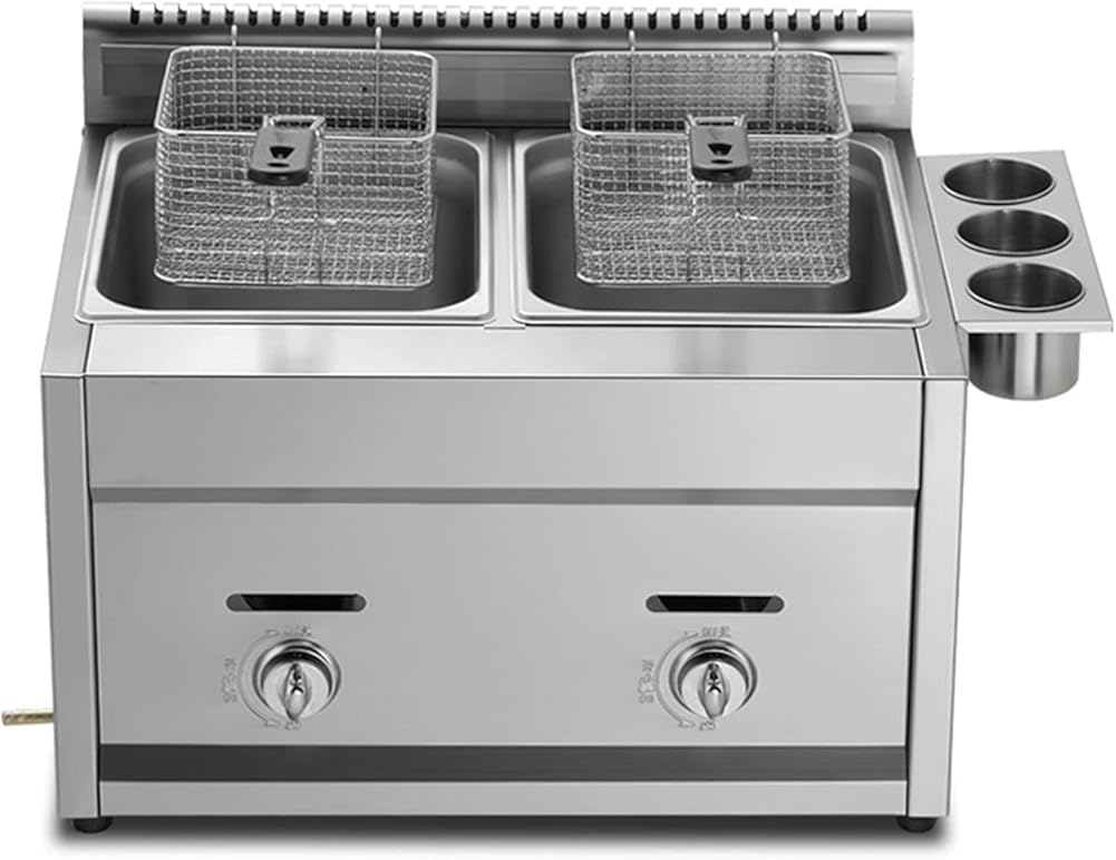 Commercial LPG Gas Fryer,22L Dual Tank w/Baskets&Lids,Stainless Steel Fryer for Home & Outdoor Use with Adjustable Firepower and Temperature Control