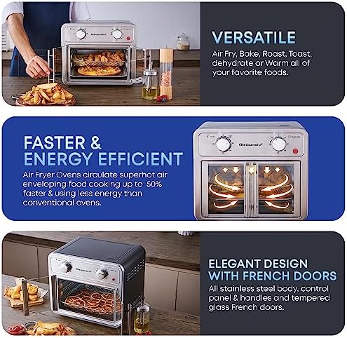 Elite Gourmet EAF1222SS Air Fryer Oven Double French Doors, Bake, Grill, Roast, Broil, Rotisserie, Toast, Warm, Air Fry, Dehydrate, 1500 Watts, with 25 Recipes, 12L. Capacity, Stainless Steel