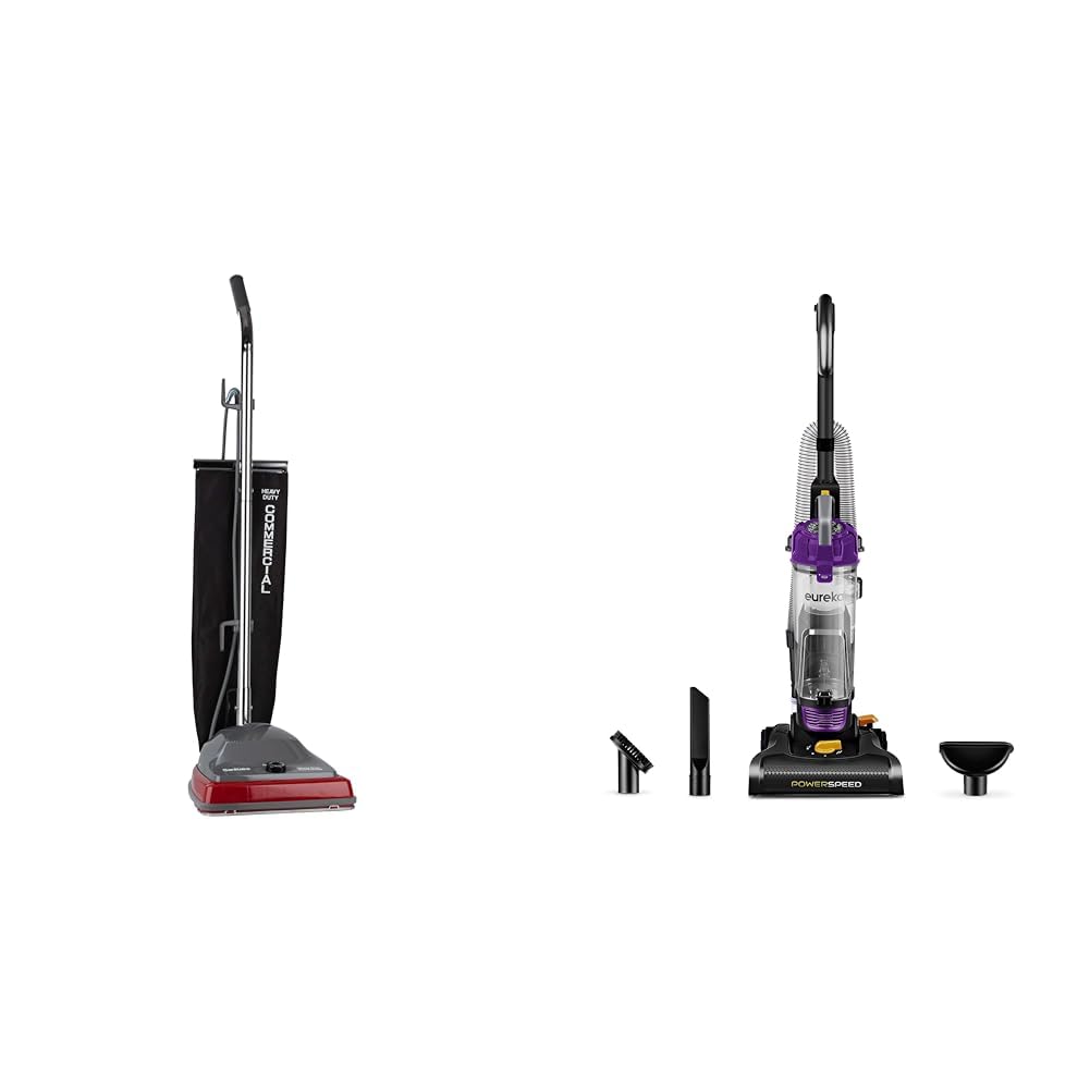 Sanitaire SC679K Tradition Upright Commercial Bagged Vacuum, Red & Eureka NEU182B PowerSpeed Bagless Upright Vacuum Cleaner, Lite, Purple
