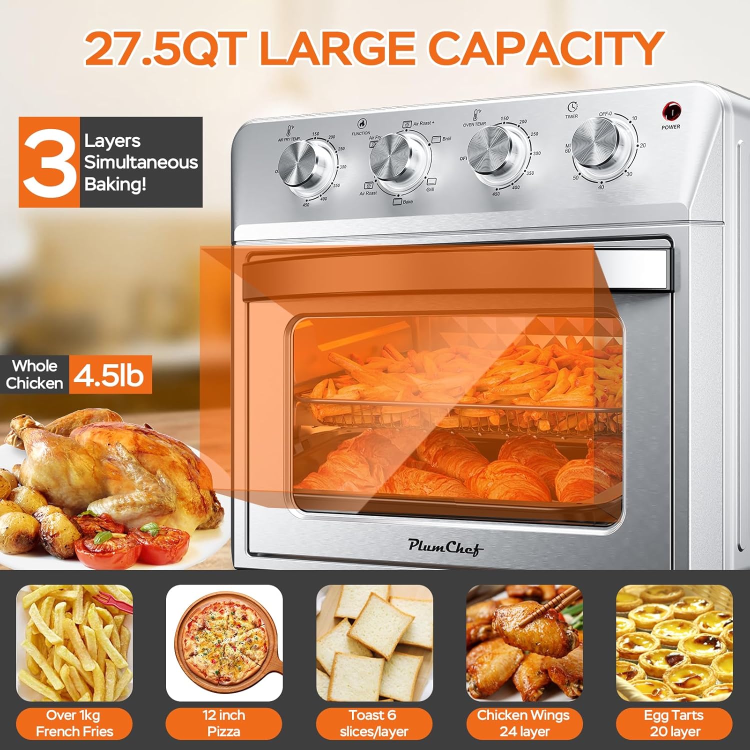 27.5QT 6-in-1 Air Fryer Toaster Oven Dropdown-Door 6-Slice Countertop Convection Oven for Air Frying, Baking, Roasting, Broiling & Grilling, 1700W, Sliver