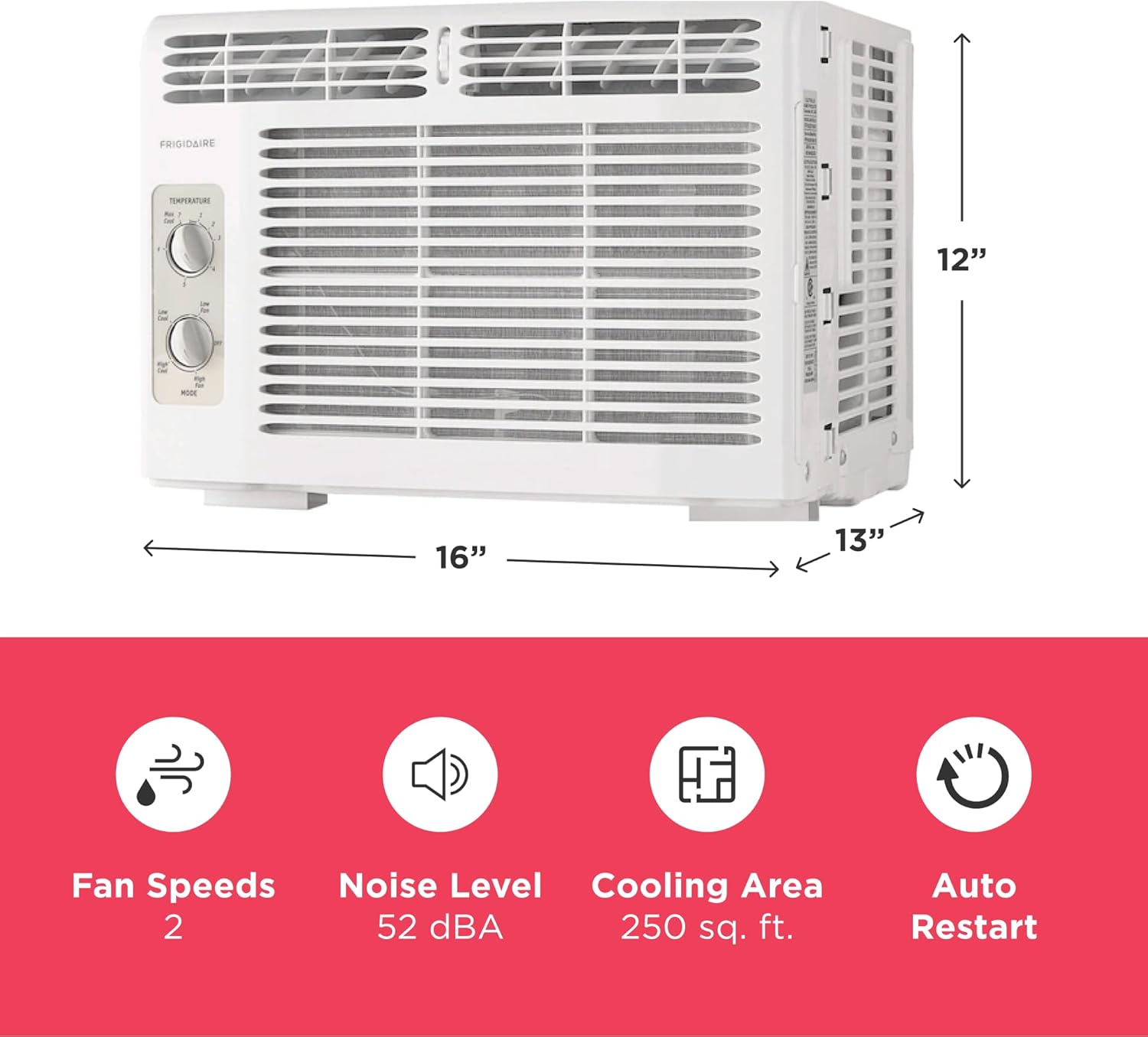 Frigidaire 5,000 BTU Window-Mounted Air Conditioner, Cools Up to 150 Sq. Ft., Quiet Operation, Effortless Temperature Control, 2 Fan Speeds, Auto Restart, White