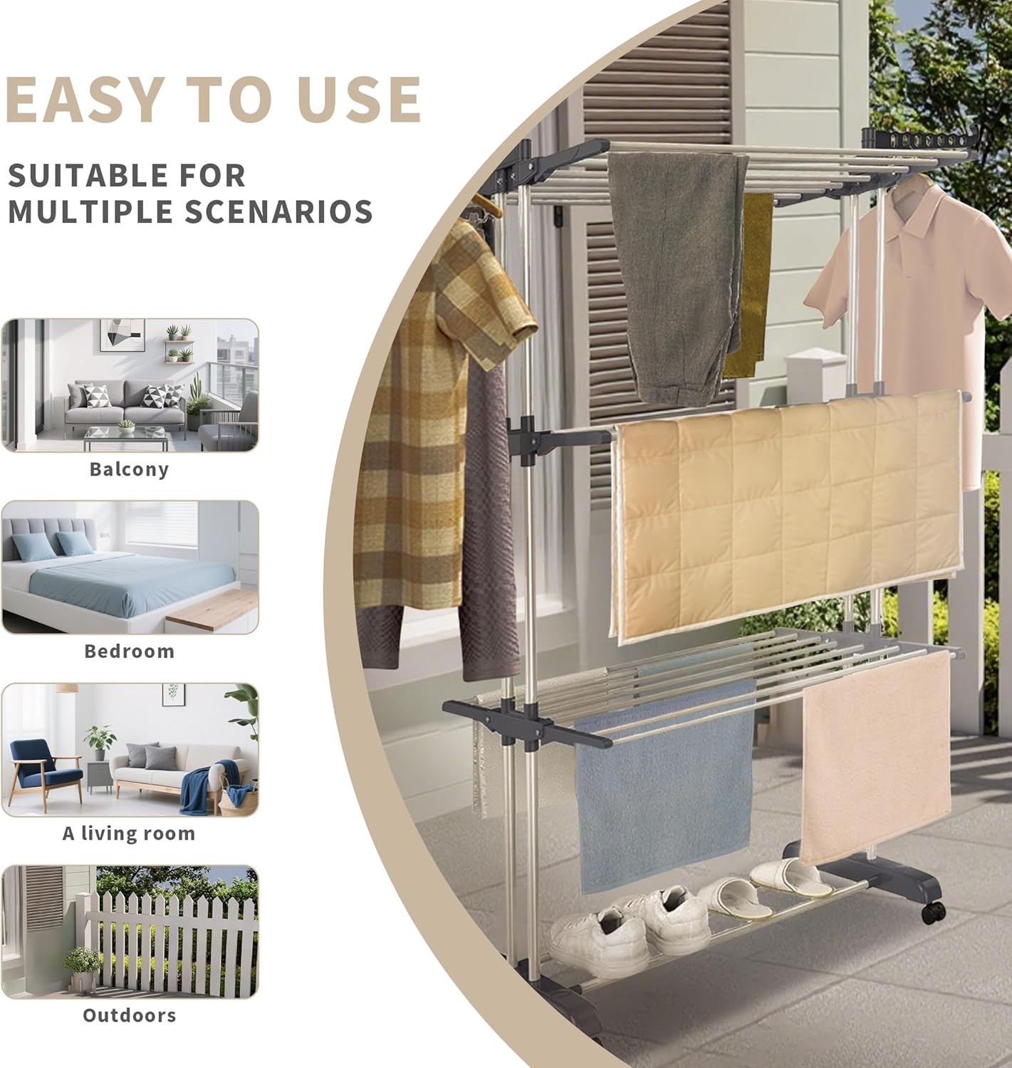 3-Tier Foldable Clothes Drying Rack with Wheels, 77 lb Capacity, Gray