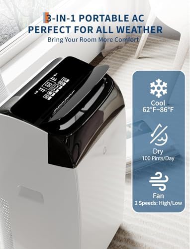 14,000 BTU Portable Air Conditioner,Drain-Free, Ultra-Quiet,Cooling for Rooms Up to 750 sq.ft, Dehumidifier & Fan Modes for Bedroom/Indoor Use
