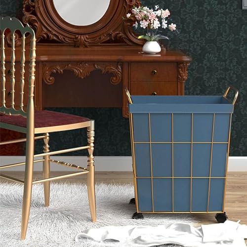 Laundry Basket Iron Wire Laundry Hamper on Wheels Rolling Laundry Basket w/Leather Liner Bag & Handle Gold Metal Frame Laundry Sorter for Bedroom Balcony (White 38x28x54cm) (Blue 38x28x54cm)