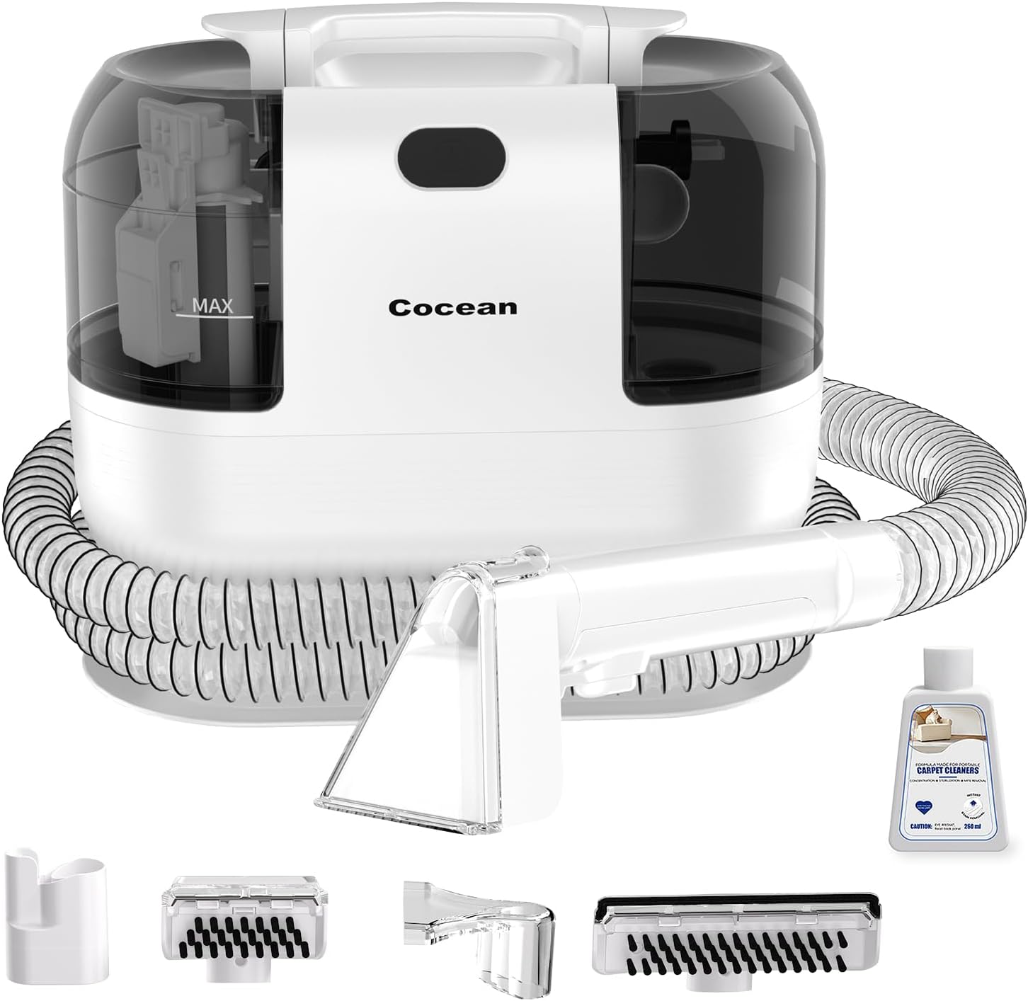 COCEAN Multi-Purpose Portable Upholstery and Carpet & Area Rug Cleaner with Shampooer, Car Interiors Machine Powerful Suction Spot and 260ML Deep Stain Cleaning Shampooer for Pets, 4 Cleaning Tools