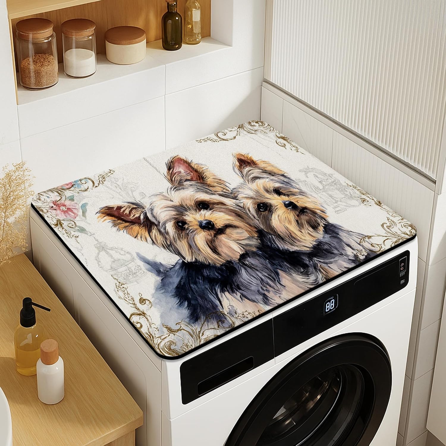 Yorkshire Terrier Washer Dryer Top Protector Mat, Vintage Watercolor Dog Design Washing Machine Dust Covers, Elegant Rubber Anti-slip Waterproof Mats for Laundry Room 20x24 Inch