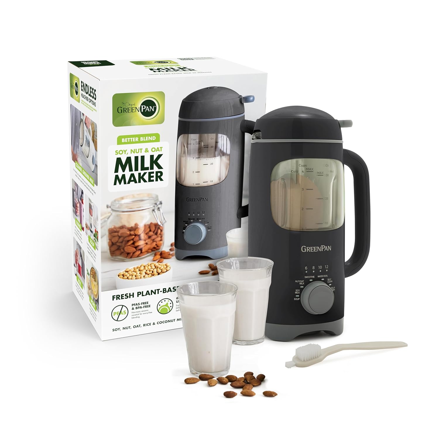 GreenPan Nut Milk Maker, 15-in-1 Homemade Soy, Almond, Oat, Coconut, Non-Dairy, Rice, Soup, Baby Food, BPA-Free, Smooth Creamy Texture, Self Clean, Barista Quality Milk, Delay Start, Boil Water, Gray