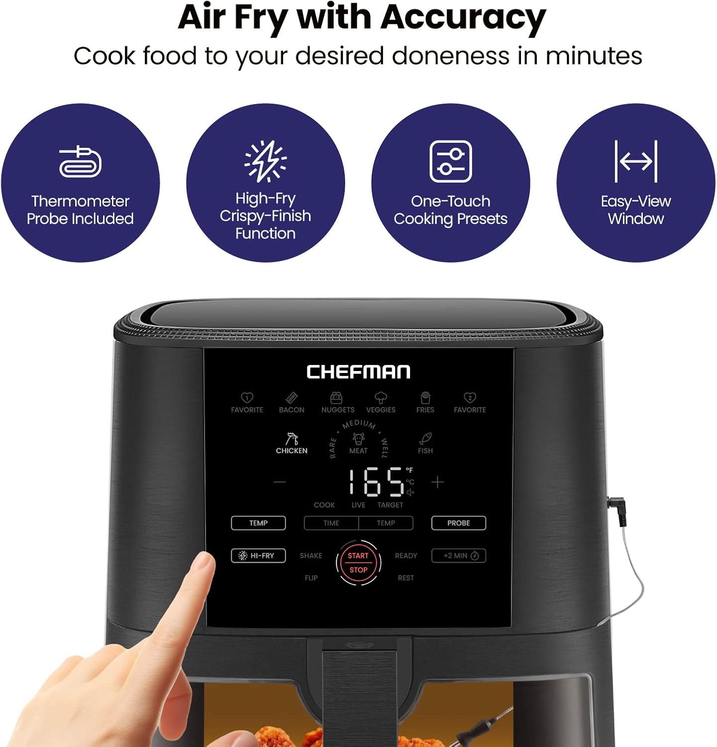 CHEFMAN 5-Quart Digital Air Fryer with Temperature Probe, 8 Customizable Cooking Presets, Large Easy-View Window, Give Your Food an Extra Crispy Finish, Nonstick Dishwasher-Safe Basket & Tray, Black