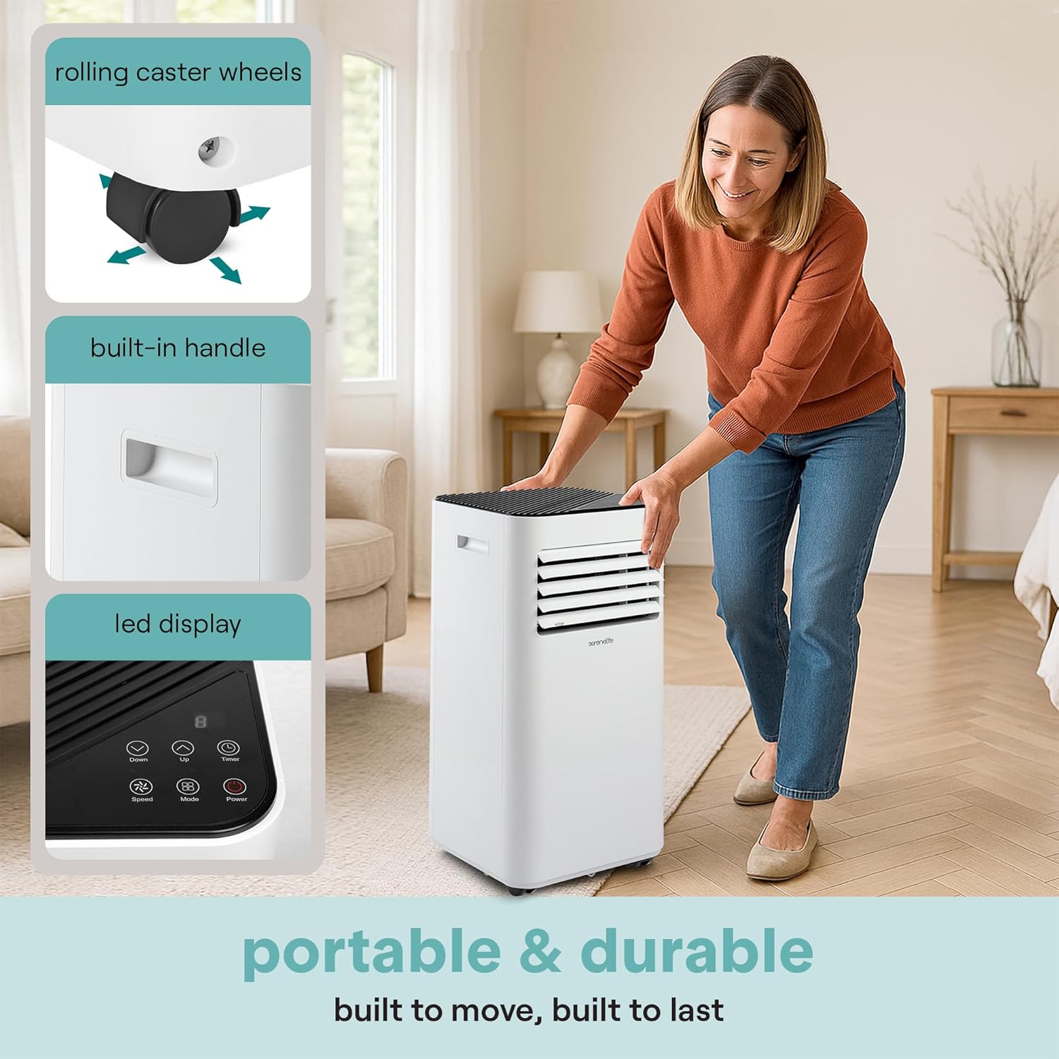 SereneLife Portable Room Air Conditioner – 10,000 BTU Compact Home A/C Unit with Dehumidifier & Fan Modes, Metal Control Box, Rotary Compressor, LED Display, Easy Setup, Includes Window Mount Kit