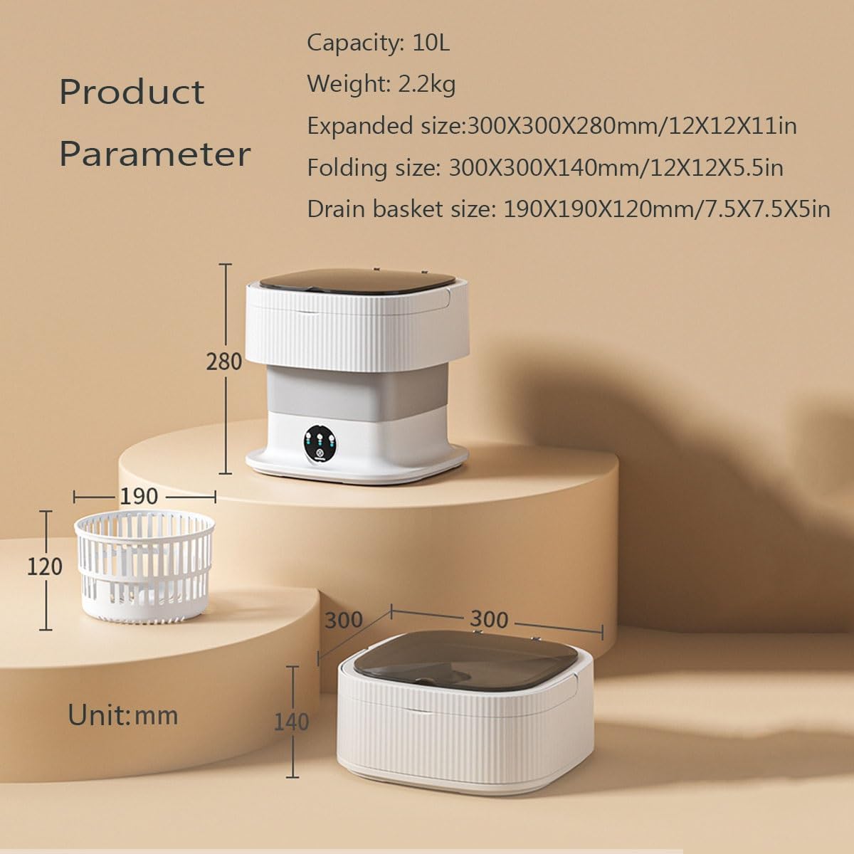 12X12X11in Foldable Washing Machine 10L Large Capacity Washer With Spin Cycle Basket And Drain Hose Travel Washing Machine For Home Dormitories Hotels(Beige)