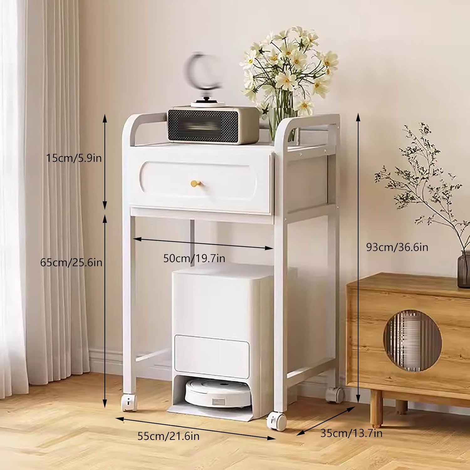 Generic Robot Vacuum Cleaner Storage Rack With Drawer, 39.7 Inch Home Storage Rack, Living Room Storage Display Rack, Mobile Fish Tank Rack(Natural,21.6x13.7x36.6in)