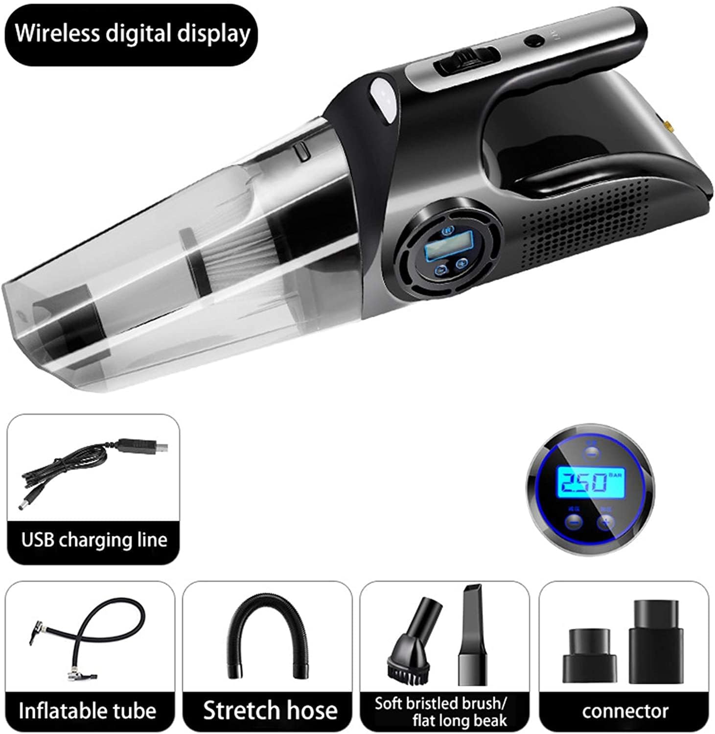 Handheld Vacuum Cleaner,Vacuum Handheld, 6000PA Battery Vacuum Cleaner Multifunctional 4-In-1 Portable Car Vacuum Cleaner with Digital Display Dual-Purpose Auto Air Pump for car and pet clean