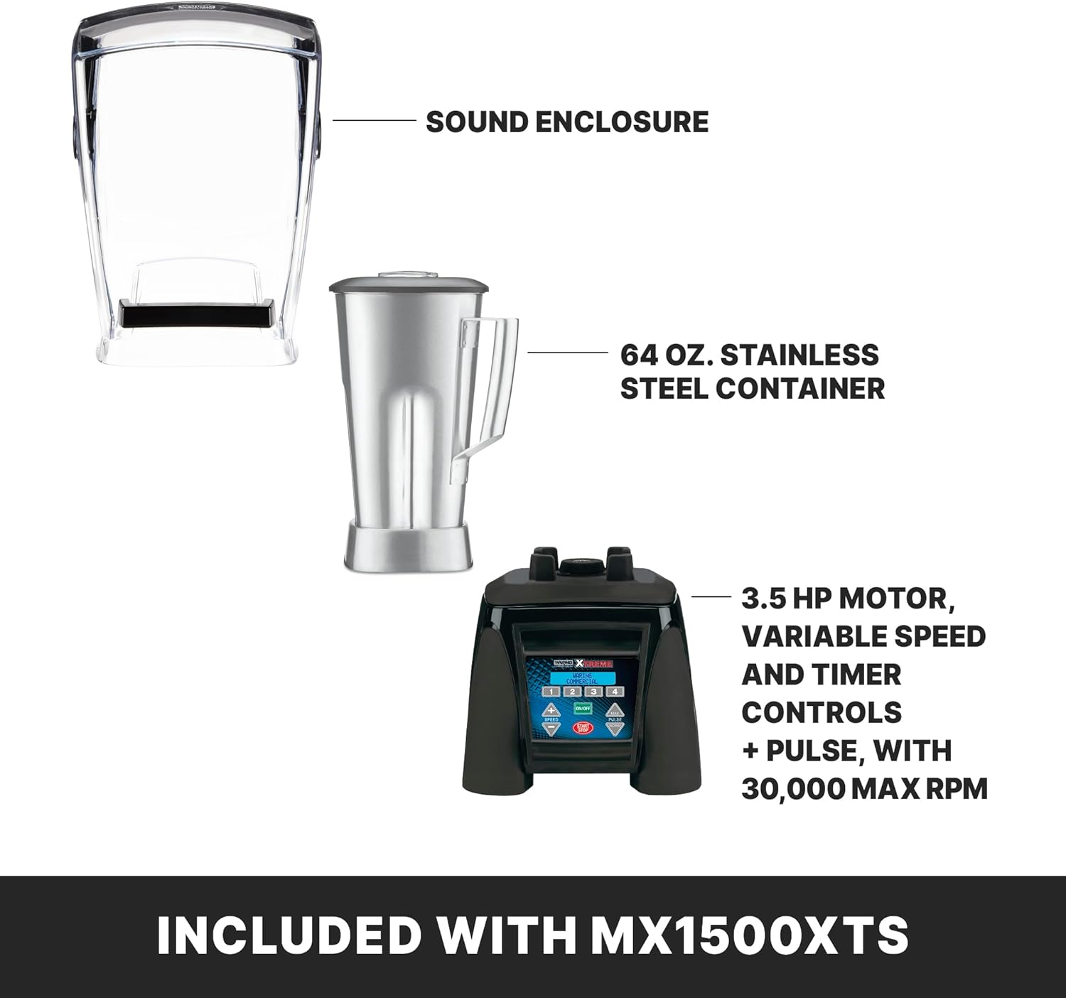 Waring Commercial MX1500XTS 3.5 HP Blender with 4 recipe programable LCD Display, Noise Reducing Sound Enclosure and 64 oz Stainless Steel Container, 120V, 5-15 Phase Plug