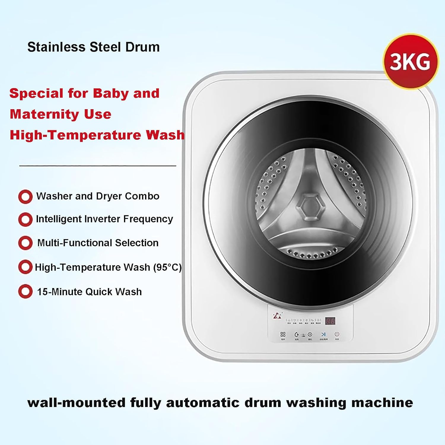 Automatic Wall-Mounted Washing Machine, 3kg Portable Compact Small Household Washer, Drum Inverter Washing Machine, Mini Laundry Machine and Drying, for Bathroom