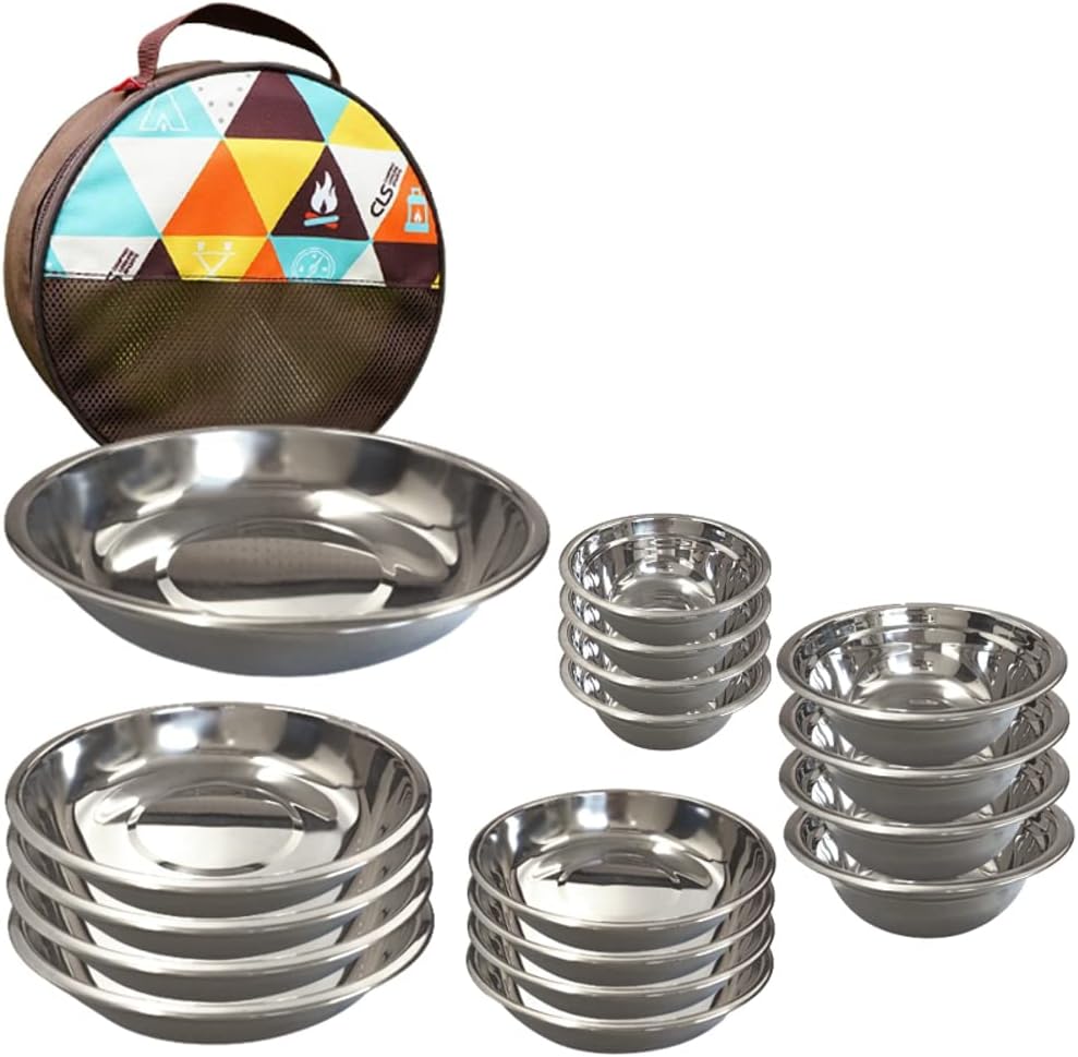 RS Products Outdoor Plate Set, Bowl, Plate, Stainless Steel, Tableware, Multipurpose, Durable, For Family, Camping, Picnics, Barbecues, Outdoor Equipment, Camping Equipment, Barbecues, BBQ Supplies