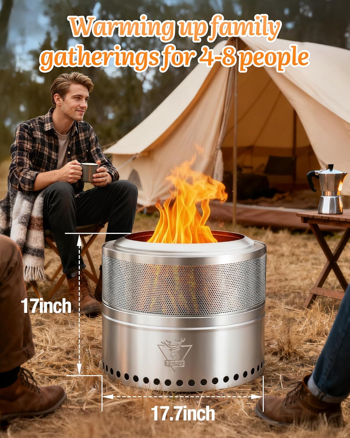 YEFU Fire Pit 18in Dia, Folding Smokeless Firepit, Wood Burning Stainless Steel Portable Outdoor Fireplace with Removable Ash Stand,Gloves,Fire Poker,Bonfire Fire Pits for Outside Camping,16.6 lbs