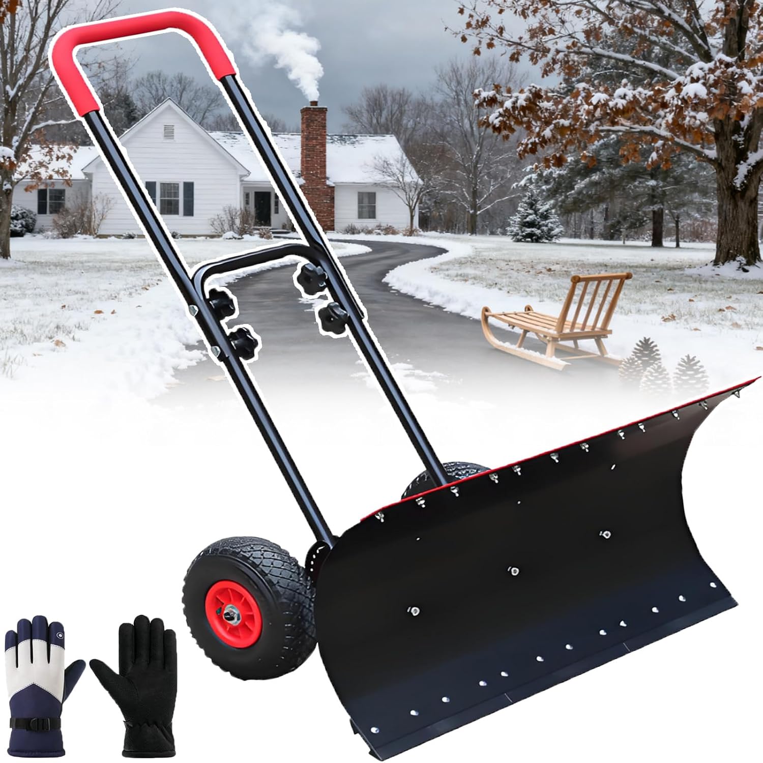 42cm Snow Shovel for Driveway, Heavy-Duty Metal Snow Plow W/Wheels, Non-Slip Rubber Wheels for Efficient Snow Removal,Snow Pusher for Doorway Sidewalk