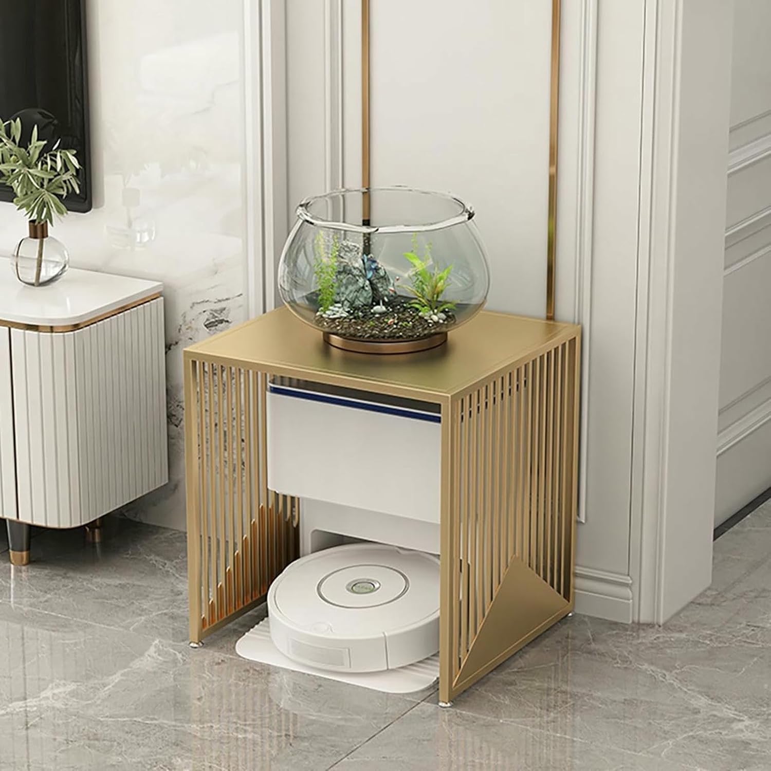 Robot Vacuum Hidden Cabinet,Storage Rack Above The Sweeping Robot,Multi-Functional Fish Tank Stand,Metal Household End Side Table for Bedroom Dorm Room