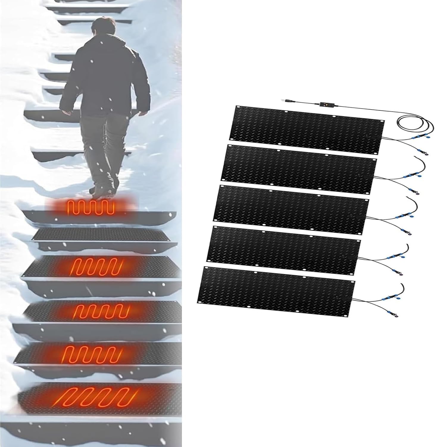 Snow Melting mats Outdoor Sidewalk, Snow and Ice Heated Walkway Mats, Snow Melting mats Outdoor Stairs, Slip-Proof Heated Snow Melting Mat, with Power Cord and Conne,5 Pcs-30x150cm/12x60in