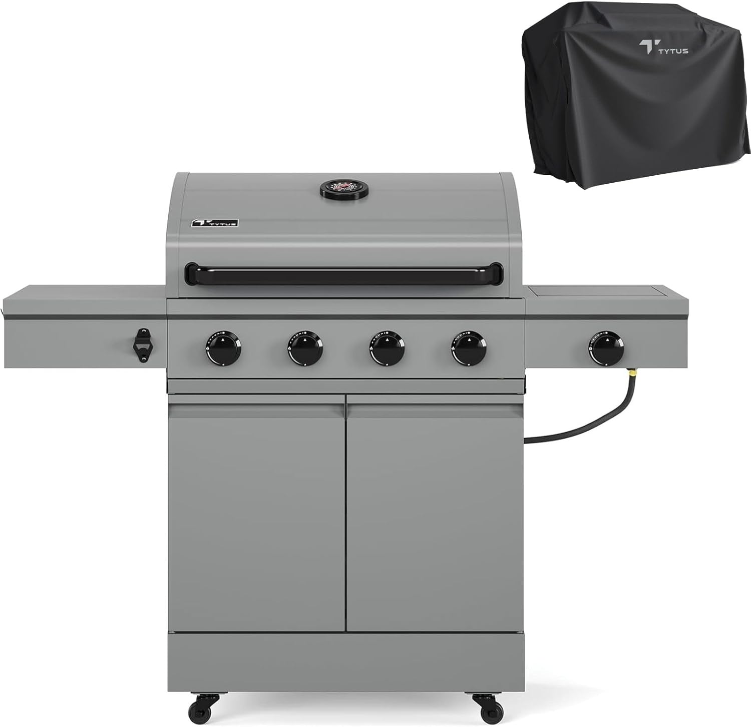 TYTUS Anaheim 5-Burner Propane Gas Grill Outdoor Cooking with Cover, 48,000 BTU Grill & 12,000 BTU Side Burner, 721 sq. in. Cooking Area, Enclosed Storage, Porcelain-Enameled Cast Iron Grates