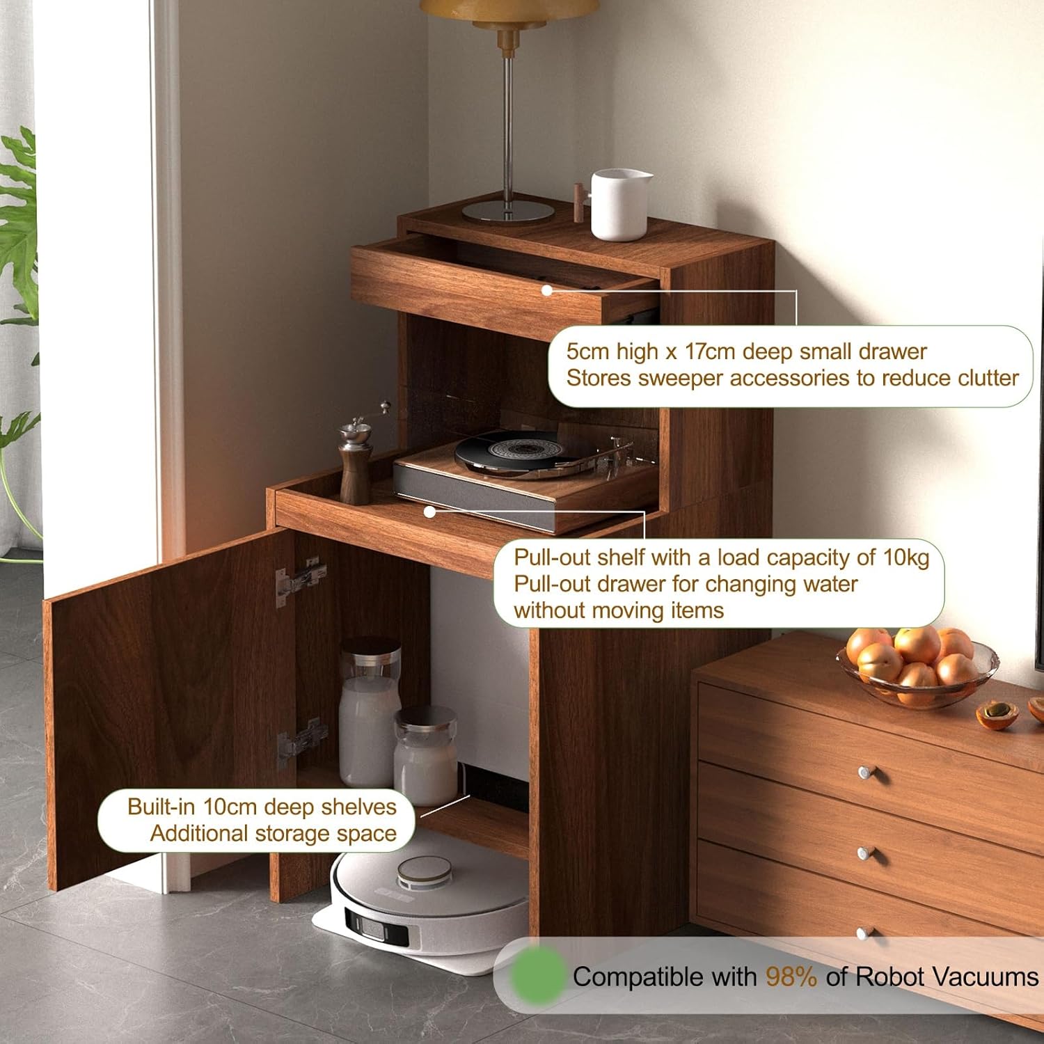 Robot Vacuum Stand Cabinet Hidden Entryway or Living Room Cabinet with Doors, Storage Rack with Pull-Out Top for Water Change, End Side Table for Home Office(Yellow,65cm/25.6in)