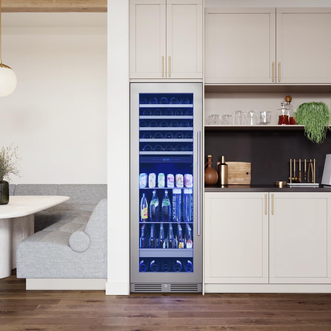 Zephyr 24 Inch Wine Fridge & Beverage Refrigerator Dual Zone Full Size - Tall Wine Cooler Cellars Large Bar Drink Cabinet Freestanding with Glass Door - 161x12oz cans & 54x750 ml bottles