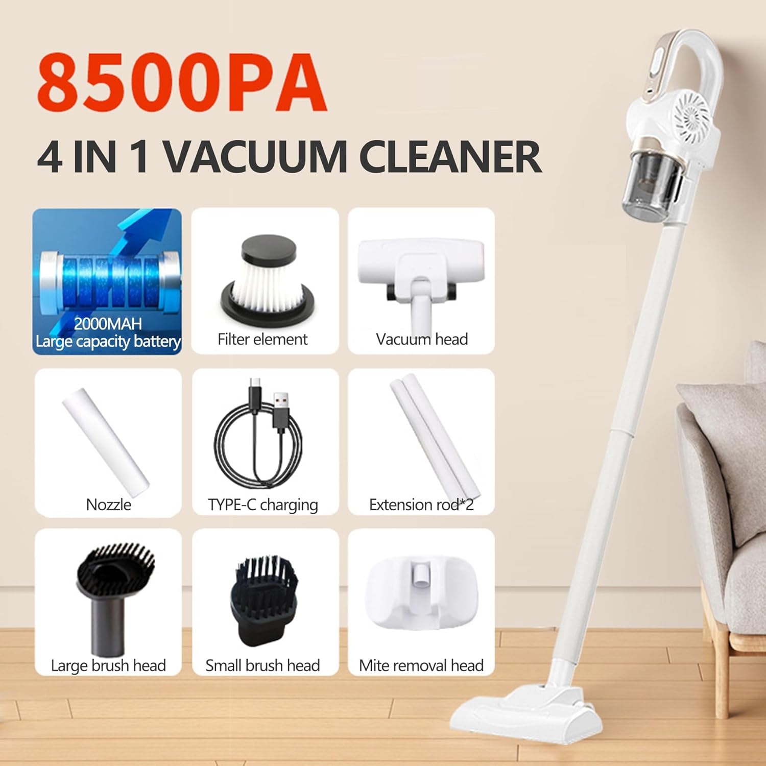 Home Cordless Vacuum Cleaner, 8500Pa Vacuum Cleaners for Home, 260ml Dust Cup, Anti-Tangle Stick Vacuum Self-Standing, 3 Modes Vacuum Cordless Rechargeable for Pet Hair/Carpet (White)