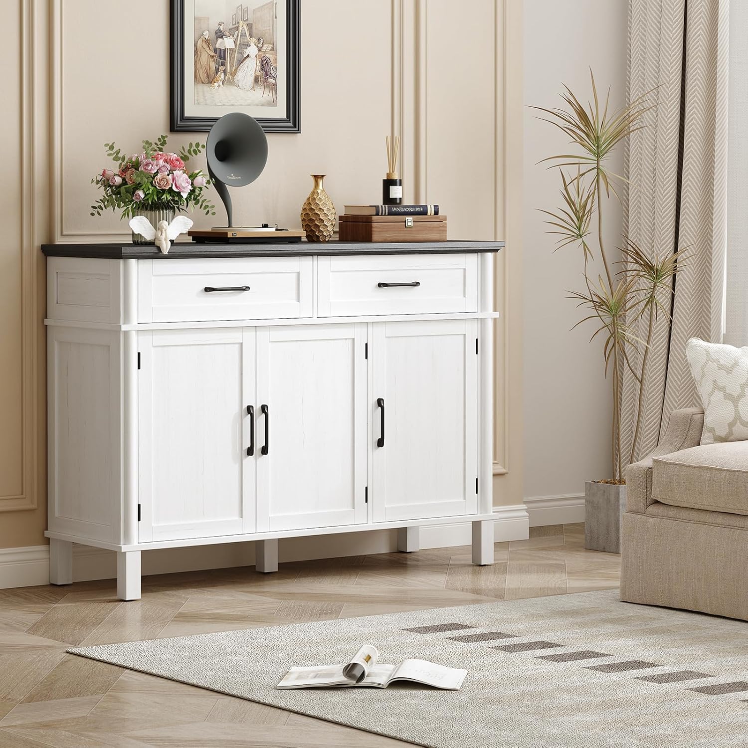 48 Inches Buffet Cabinet with Storage, Farmhouse Sideboard Buffet w/2 Drawers and 3 Doors, Wood Coffee Bar Cabinet with Adjustable Shelves, Sideboard Storage for Kitchen, Living Room, Off White&Black