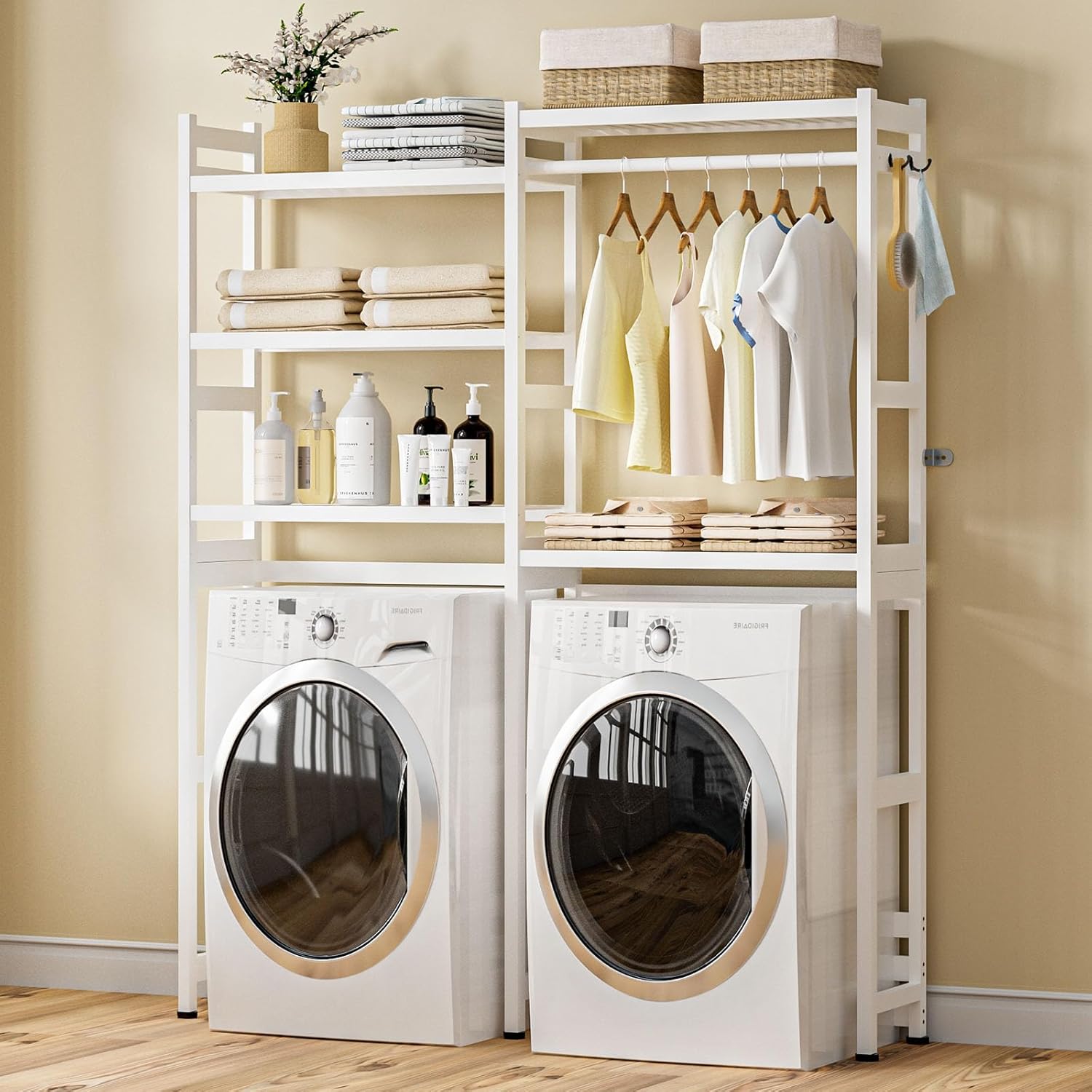 Over The Washer and Dryer Storage Shelf Bamboo,5 Tiers Laundry Room Drying Rack with Adjustable Shelves and 4 Hooks,Space Saver Organizer for Hanging Clothes and Towels (White)