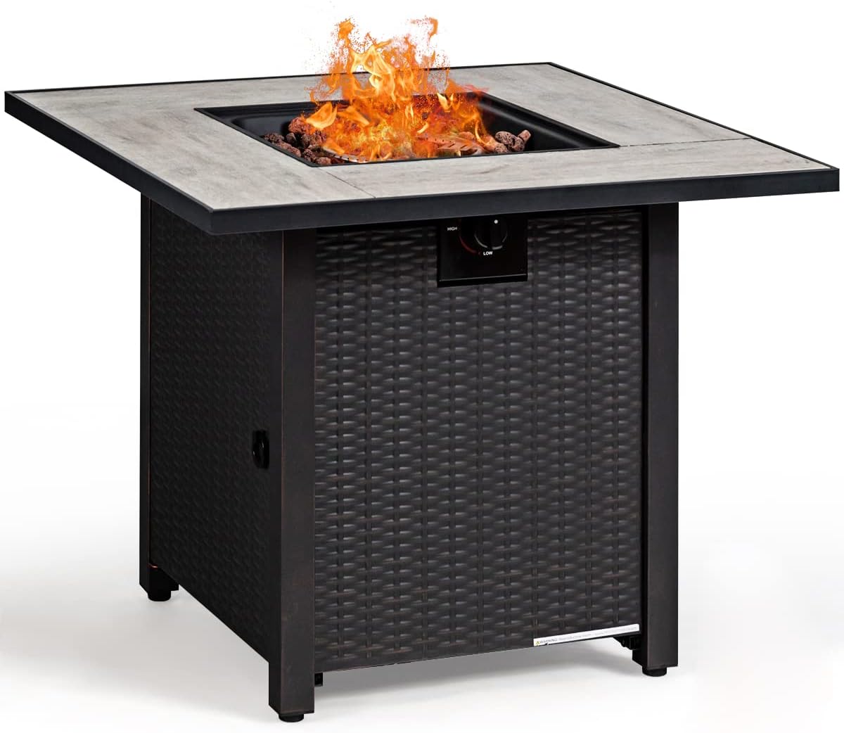 30-Inch Fire Table Outdoor, 50,000 BTU Gas Fire Pit Table with Ceramic Tiles Tabletop, Lid, Lava Rock, Electric Igniter & Hideaway Tank Holder, Propane Fire Table for Outside, Patio(Black)
