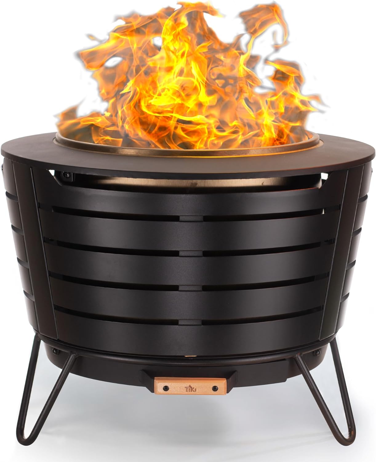 TIKI Patio Fire Pit Bundle – 25-Inch Smokeless Wood Burning Outdoor Fire Pit for Backyard, Patio, Deck & Garden with Removable Ash Pan, Stand & Weather-Resistant Cover – Modern Black Stainless Steel