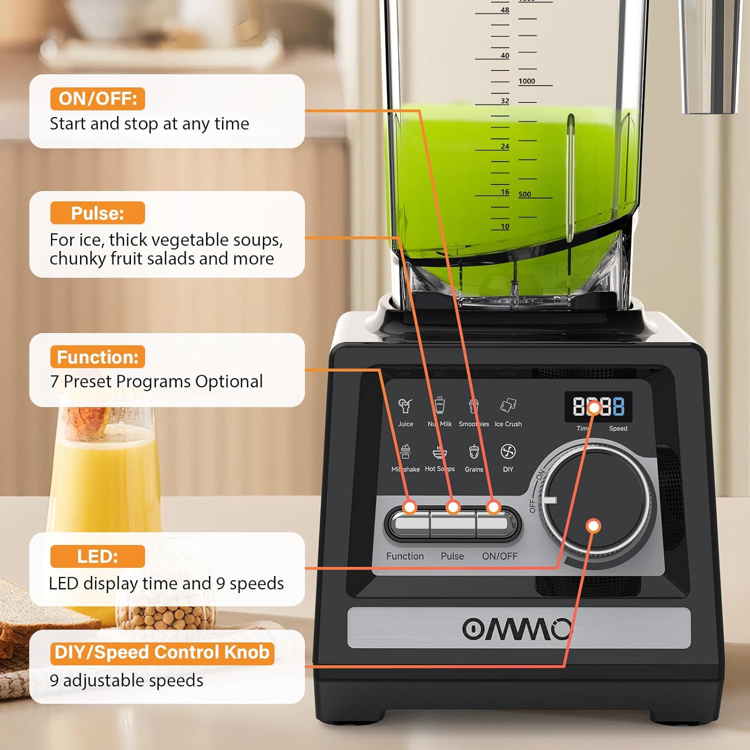 OMMO Blender, Peak1800W Blender for Smoothies, 68oz BPA-Free Smoothie Blenders for Kitchen with 9 Speed Control&Built-in Timer, Dishwasher Safe for Ice Crush, Smoothies, Frozen Drinks and Fruits