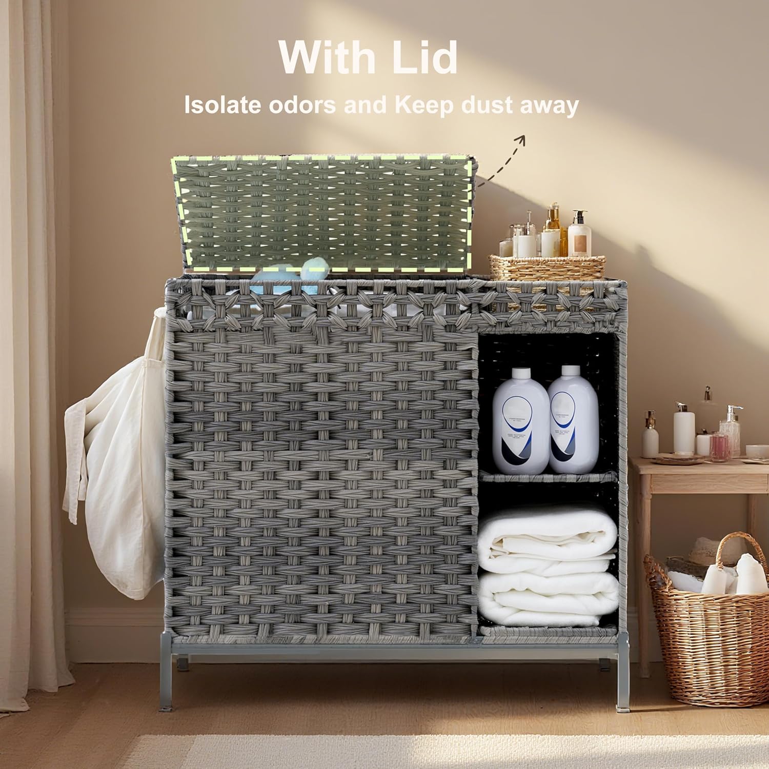 Laundry Hamper with Lid, 110L (29.1 Gal) Rattan Laundry Hamper 2 Section with 50L (13.2 Gal) Storage Shelf, Wicker Woven Laundry Sorter Basket with 3 Liner Bags and Handles, Gray GLH002G