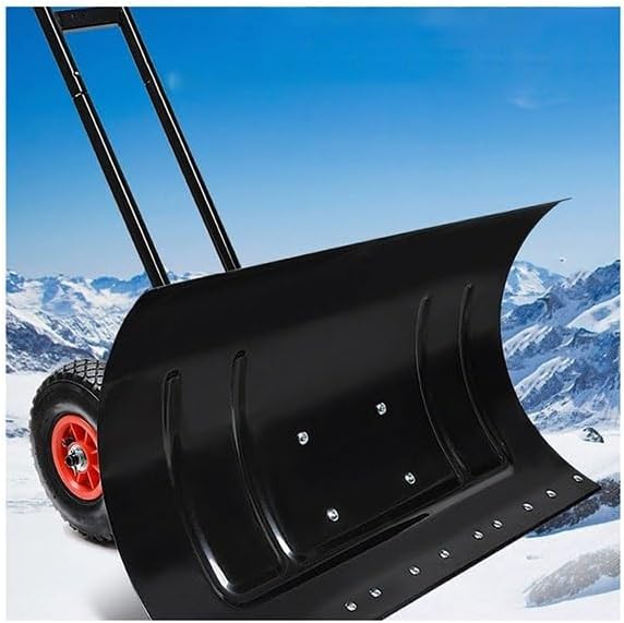 Snow Shovel with Wheels, Angled Steel Blade，Heavy-Duty Snow Shovel Pusher and Plow with Height Adjustable Handle(75x43cm)